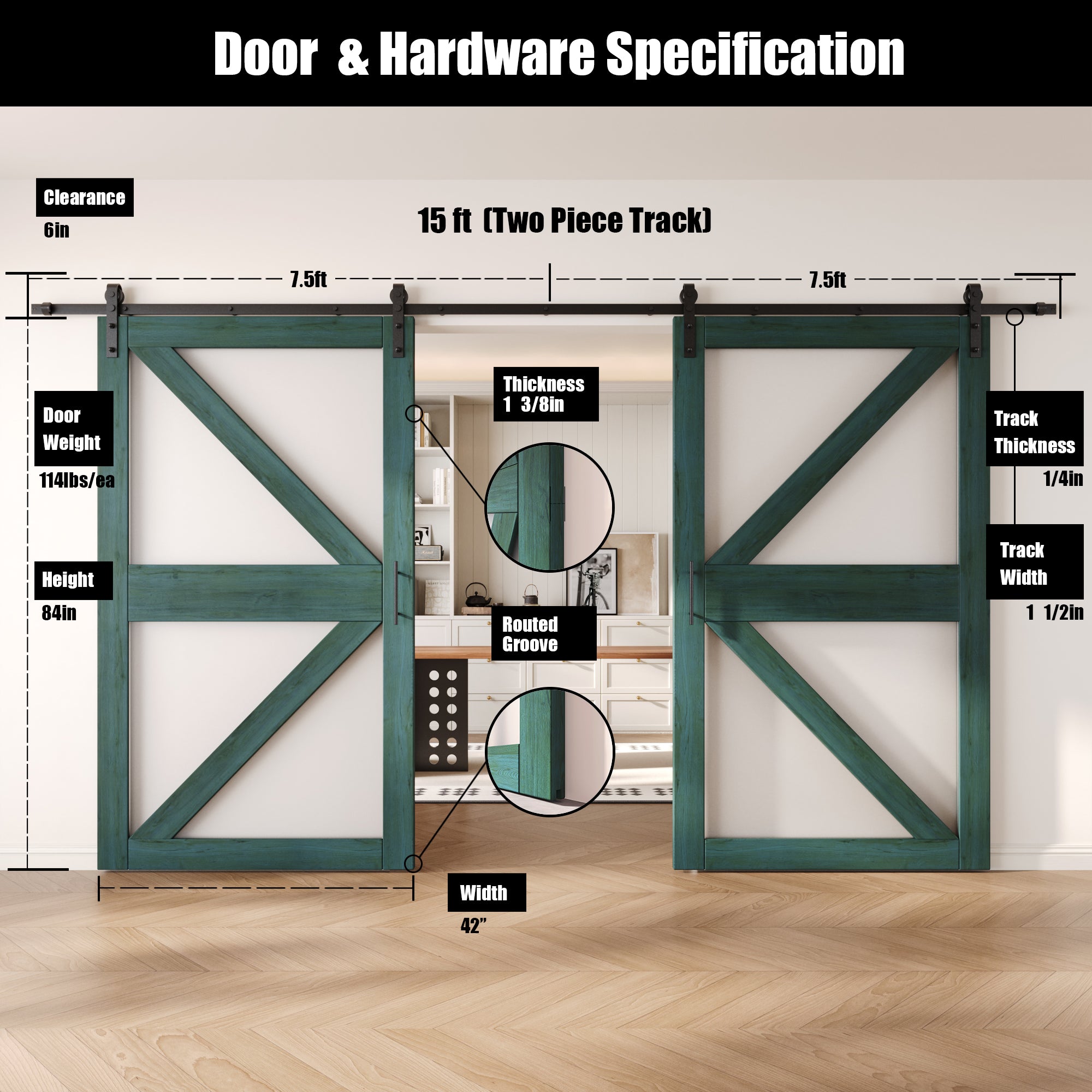 84" Height Royal Pine Arrow Pattern Glass Double Unassembled & Finished Pine Wood Barn Doors with Non-Bypass Installation Hardware Kit (Interior Use Only)