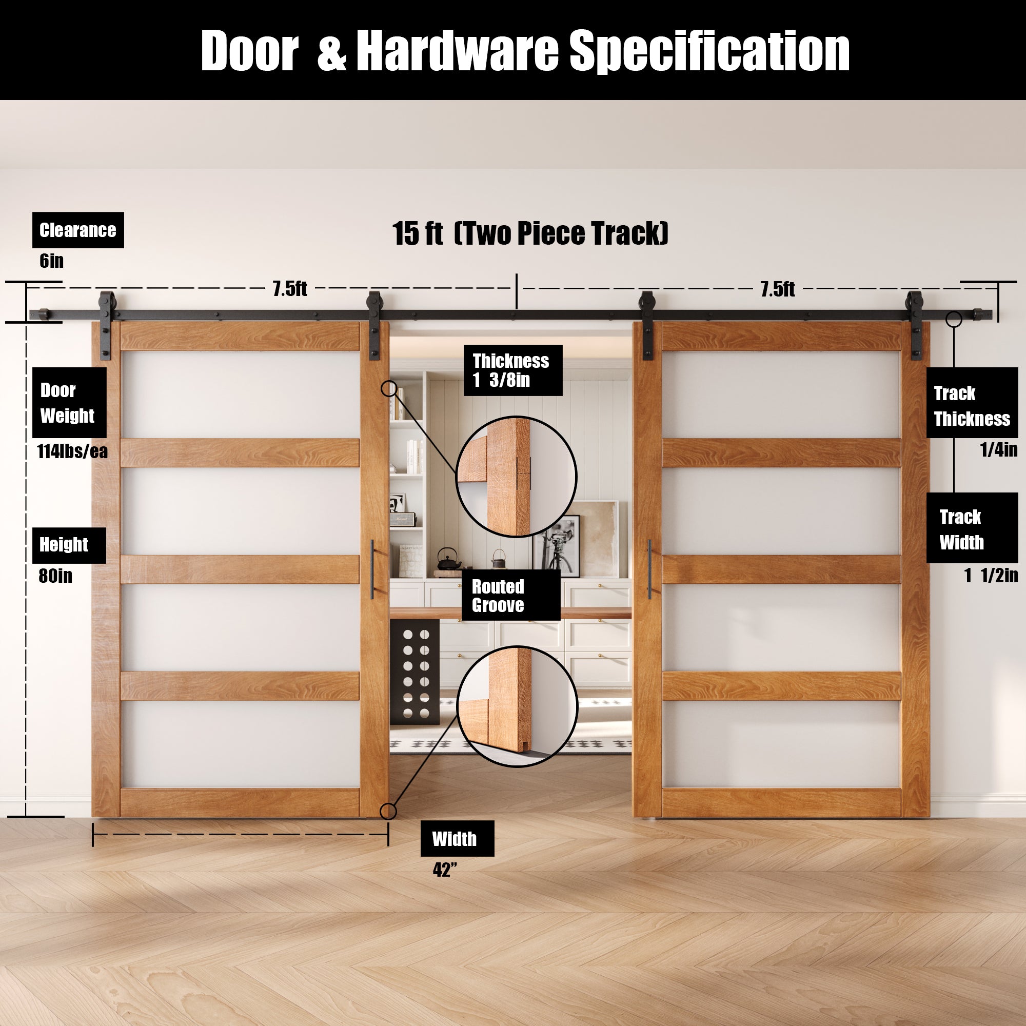 80" Height Early American 4-Lite Frosted Glass Double Unassembled & Finished Pine Wood Barn Doors with Non-Bypass Installation Hardware Kit (Interior Use Only)