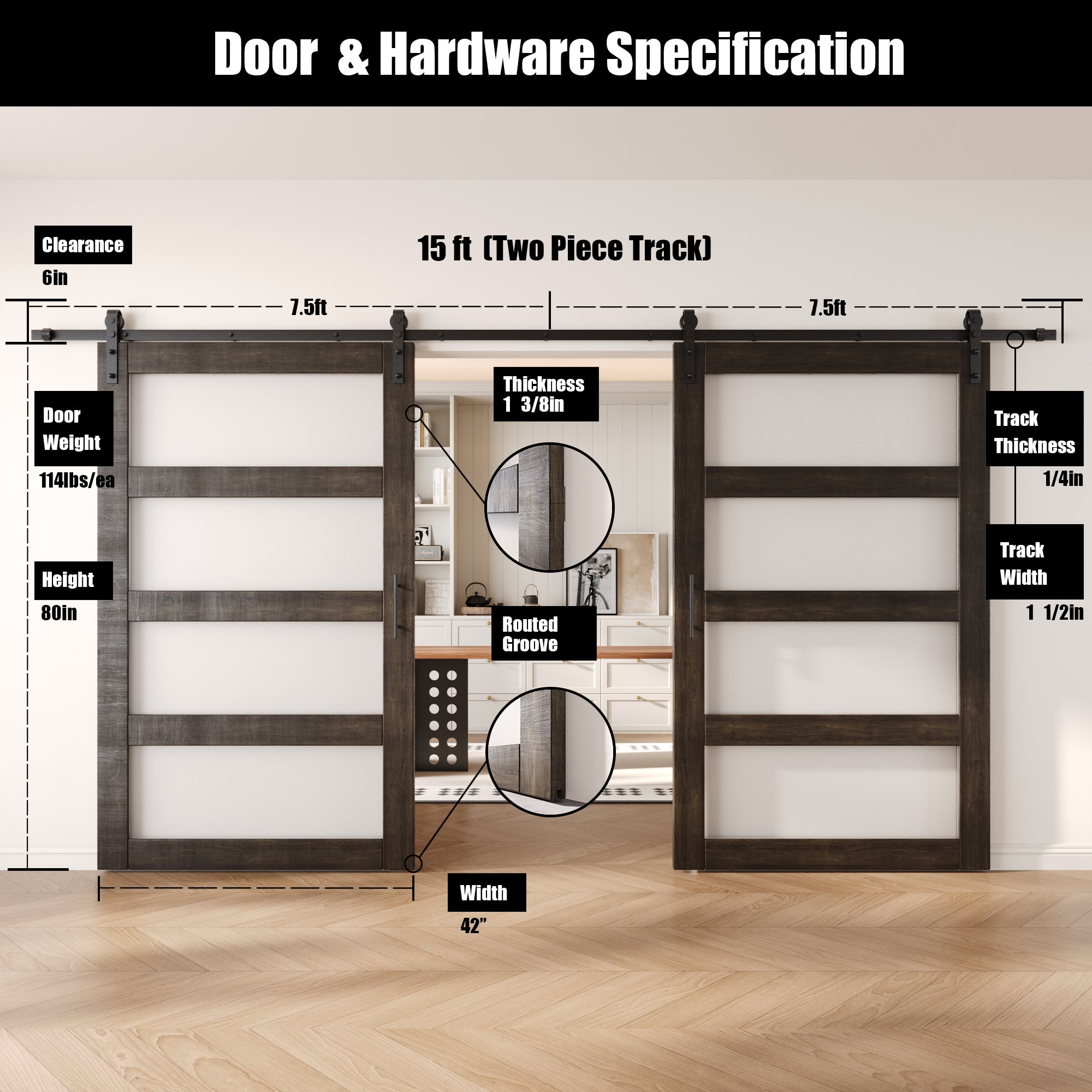 80" Height Ebony 4-Lite Frosted Glass Double Unassembled & Finished Pine Wood Barn Doors with Non-Bypass Installation Hardware Kit (Interior Use Only)