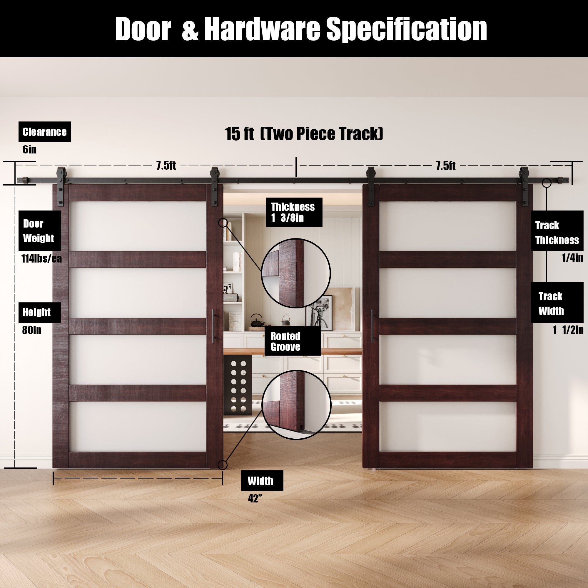 80" Height Red Mahogany 4-Lite Frosted Glass Double Unassembled & Finished Pine Wood Barn Doors with Non-Bypass Installation Hardware Kit (Interior Use Only)
