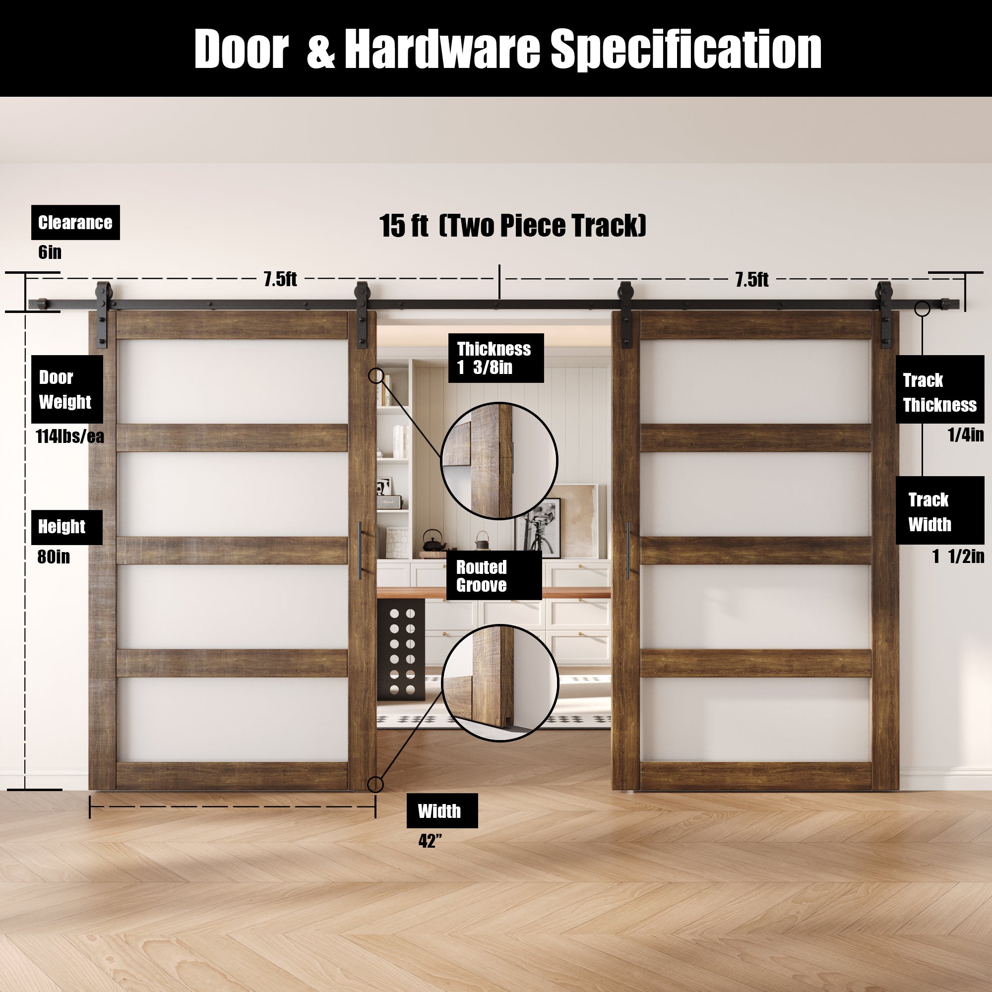 80" Height Dark Walnut 4-Lite Frosted Glass Double Unassembled & Finished Pine Wood Barn Doors with Non-Bypass Installation Hardware Kit (Interior Use Only)