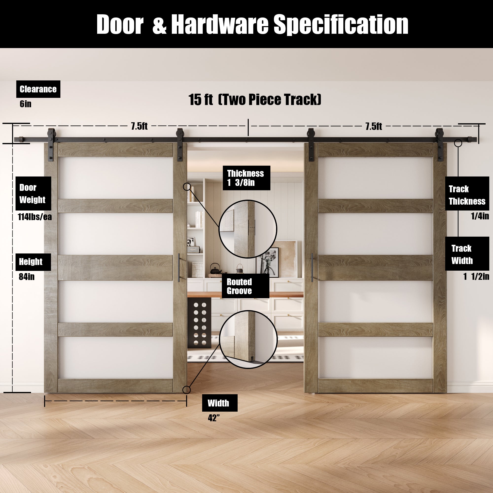 84" Height Classic Gray 4-Lite Frosted Glass Double Unassembled & Finished Pine Wood Barn Doors with Non-Bypass Installation Hardware Kit (Interior Use Only)