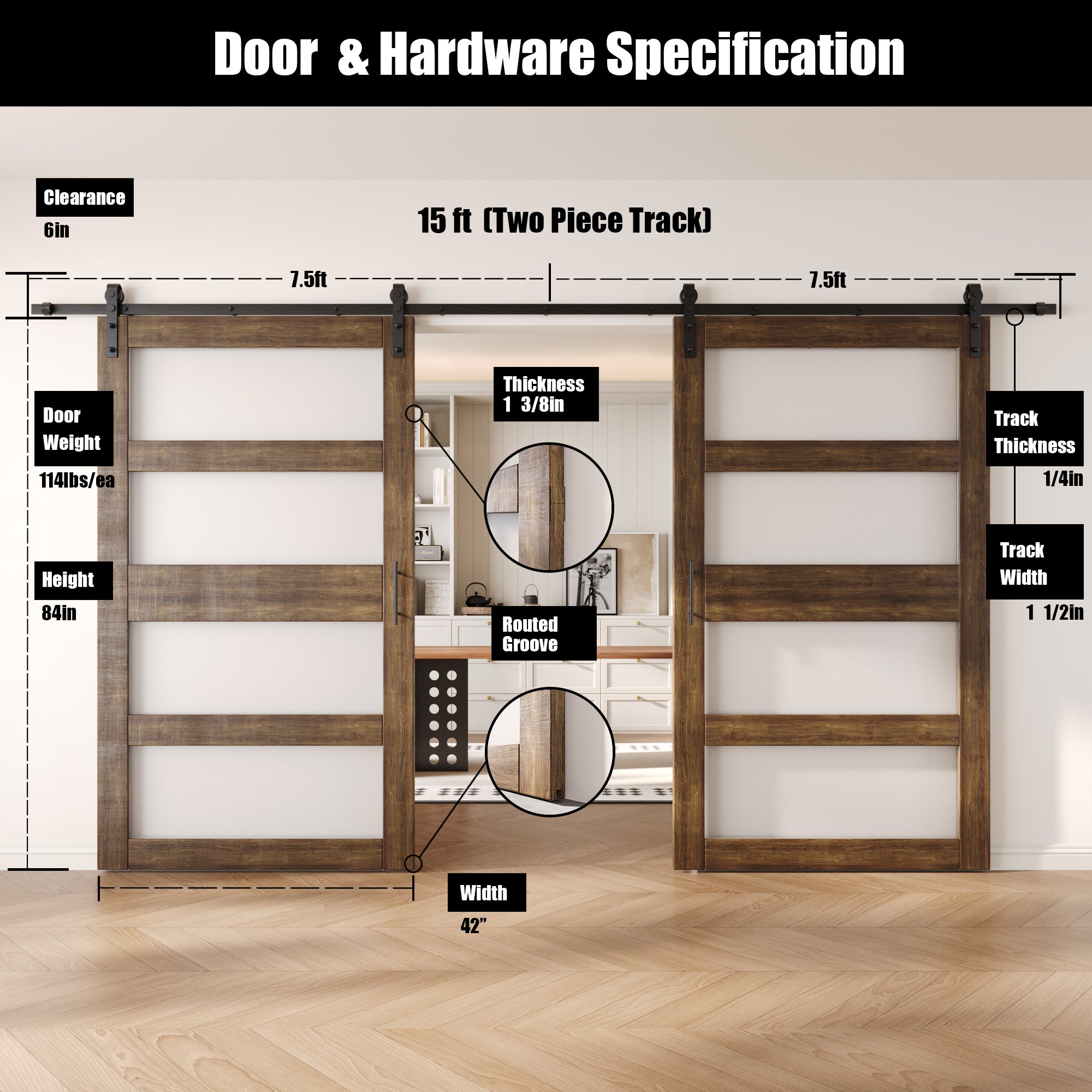 84" Height Dark Walnut 4-Lite Frosted Glass Double Unassembled & Finished Pine Wood Barn Doors with Non-Bypass Installation Hardware Kit (Interior Use Only)