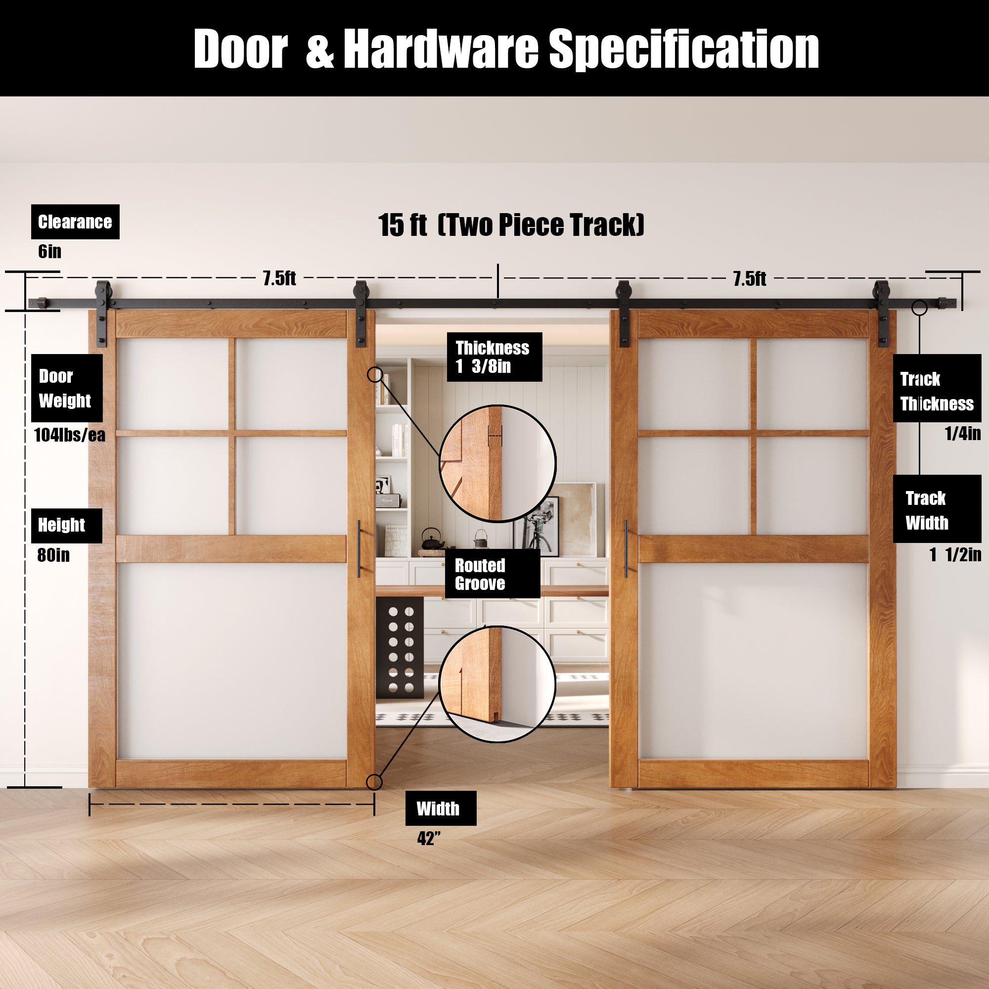 80" Height Early American 5-Lite Frosted Glass Double Unassembled & Finished Pine Wood Barn Doors with Non-Bypass Installation Hardware Kit (Interior Use Only)