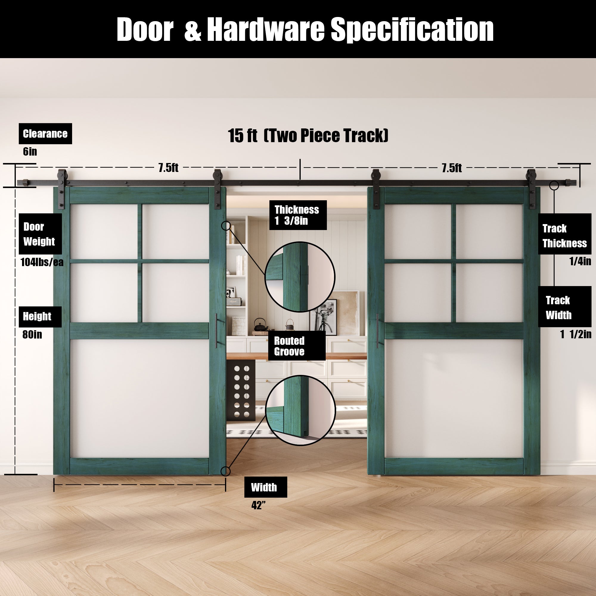 80" Height Royal Pine 5-Lite Frosted Glass Double Unassembled & Finished Pine Wood Barn Doors with Non-Bypass Installation Hardware Kit (Interior Use Only)