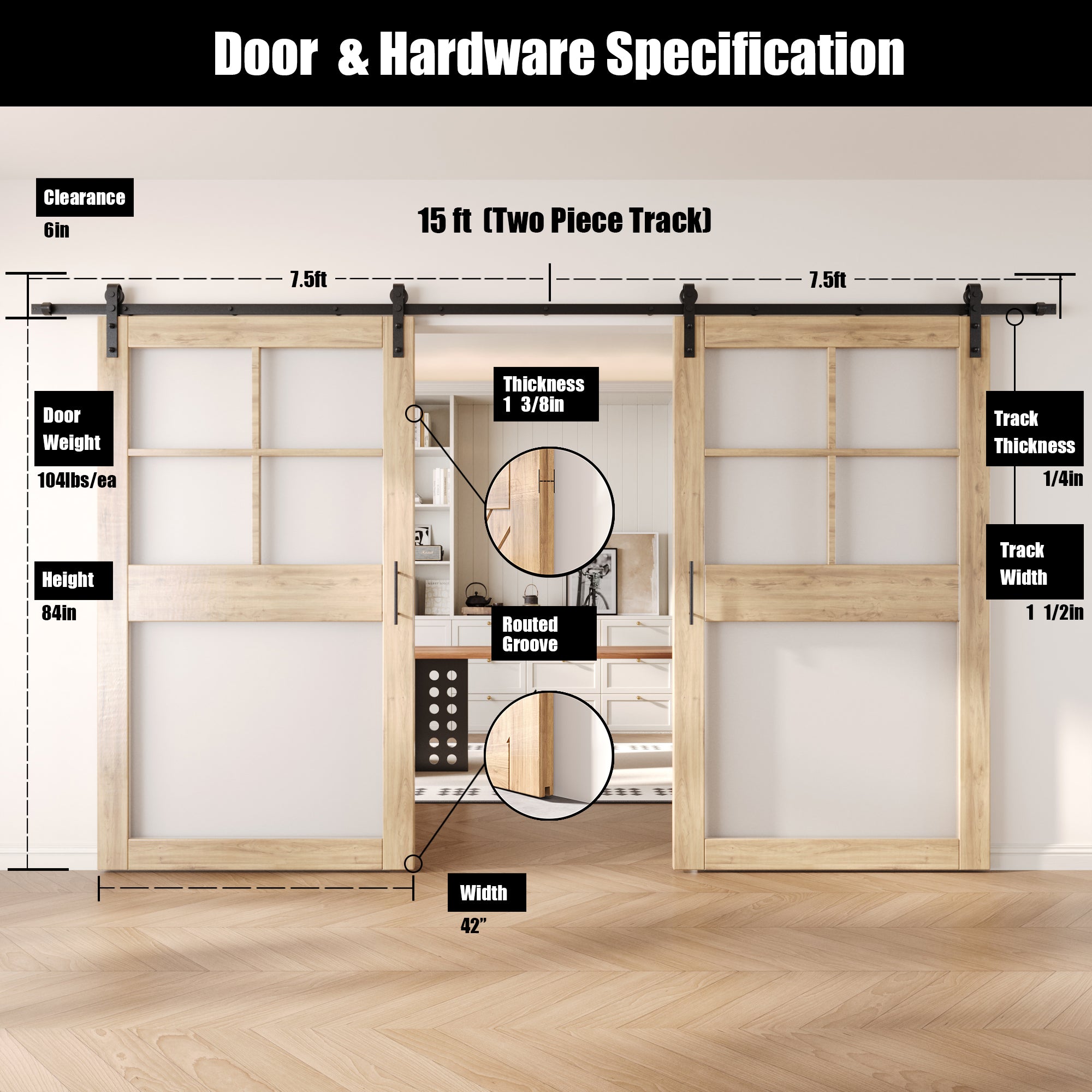 84" Height 5-Lite Frosted Glass Double Unassembled & Unfinished Pine Wood Barn Doors with Non-Bypass Installation Hardware Kit (Interior Use Only)