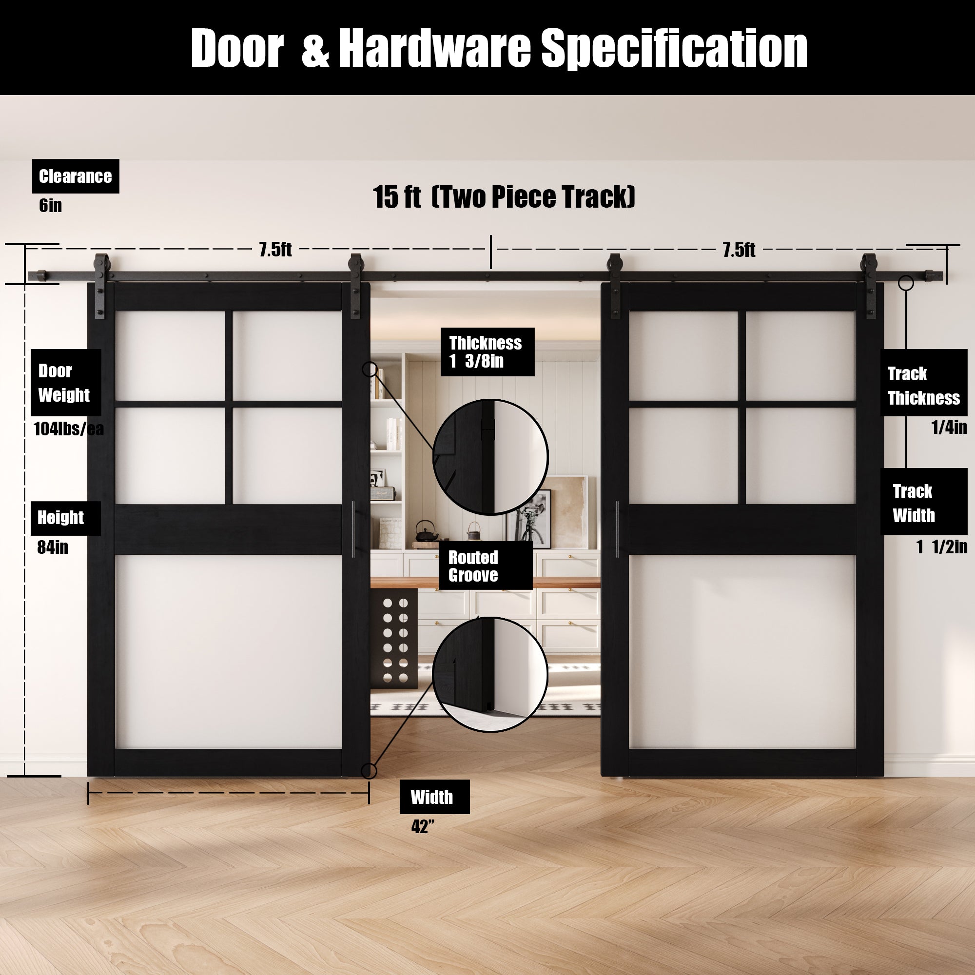 84" Height Black 5-Lite Frosted Glass Double Unassembled & Finished Pine Wood Barn Doors with Non-Bypass Installation Hardware Kit (Interior Use Only)