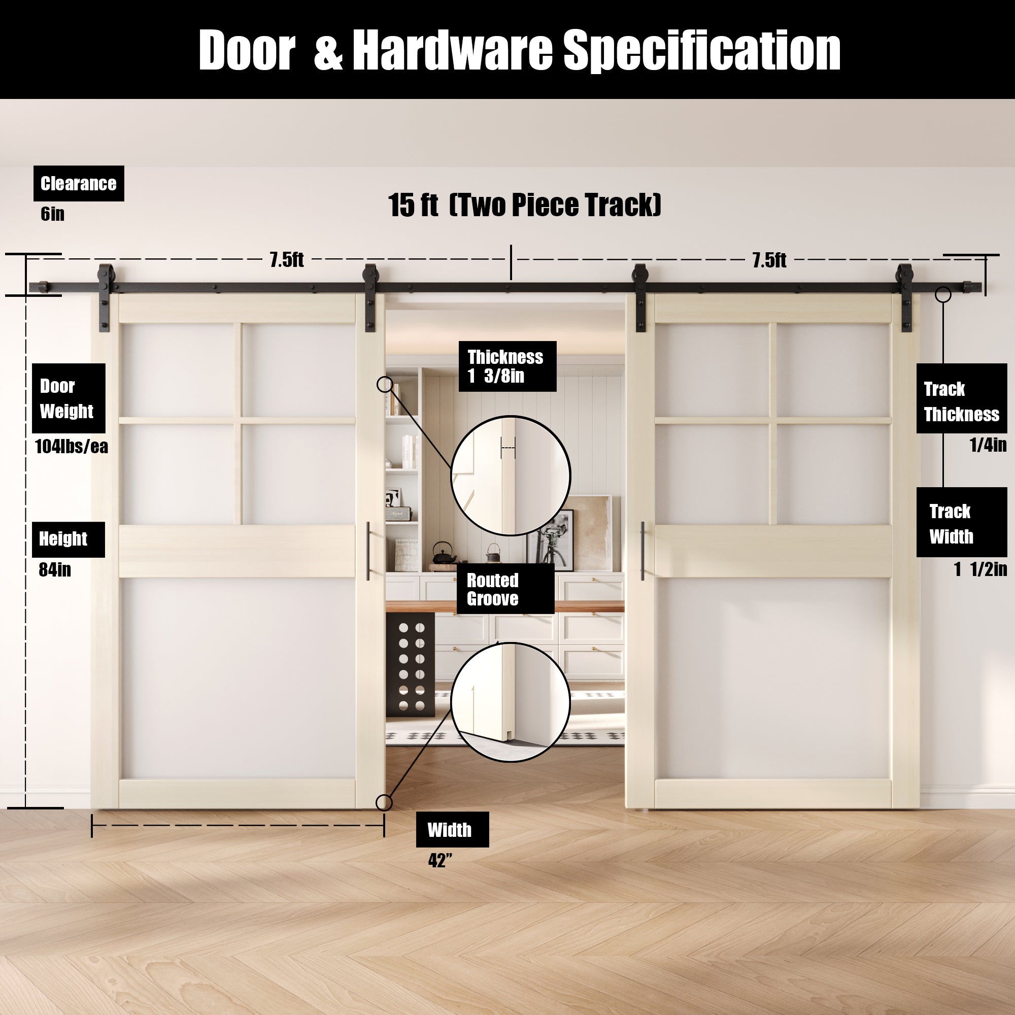 84" Height Tinsmith Gray 5-Lite Frosted Glass Double Unassembled & Finished Pine Wood Barn Doors with Non-Bypass Installation Hardware Kit (Interior Use Only)