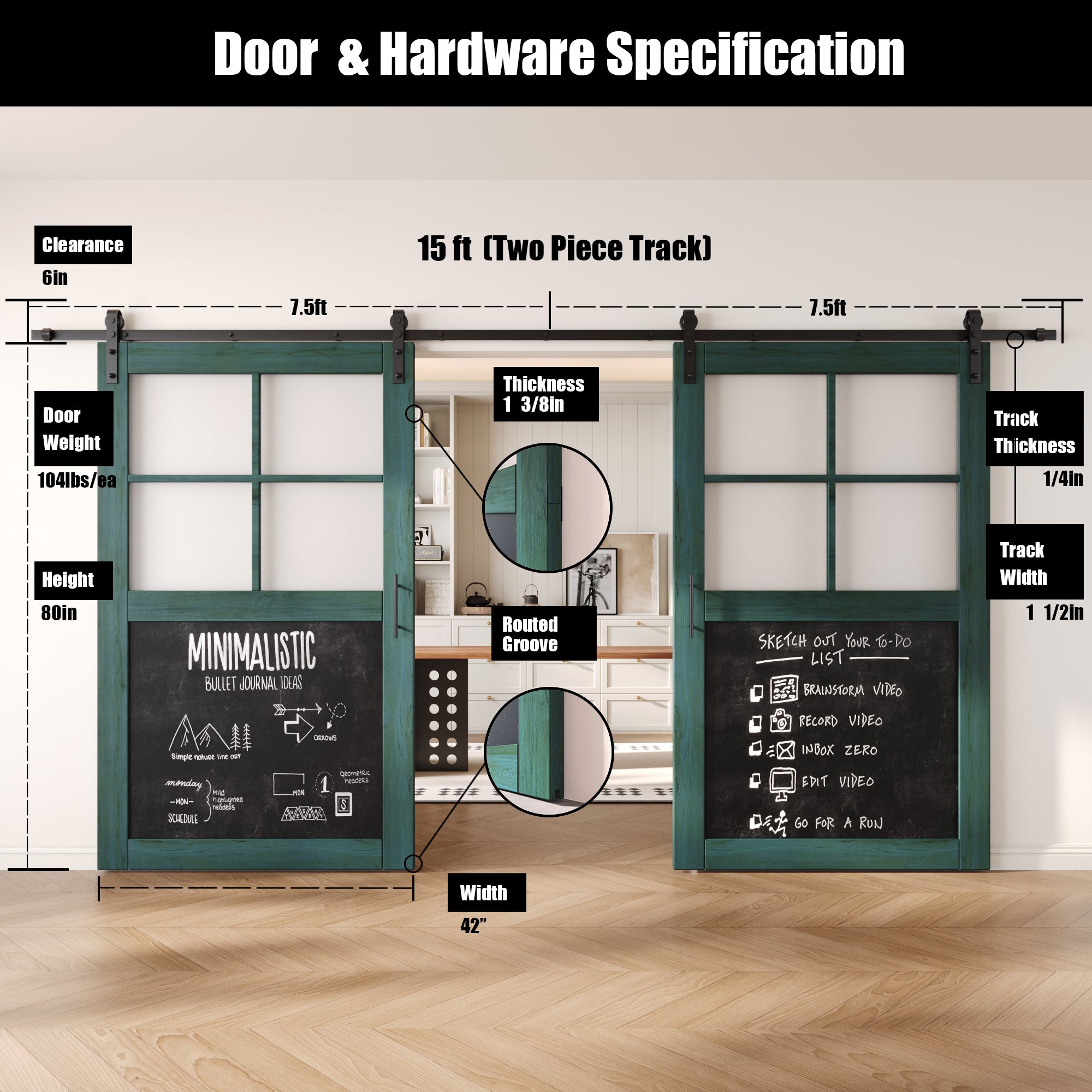 80" Height Half Lite Royal Pine Chalkboard Double Unassembled & Finished Pine Wood Barn Doors with Non-Bypass Installation Hardware Kit (Interior Use Only)