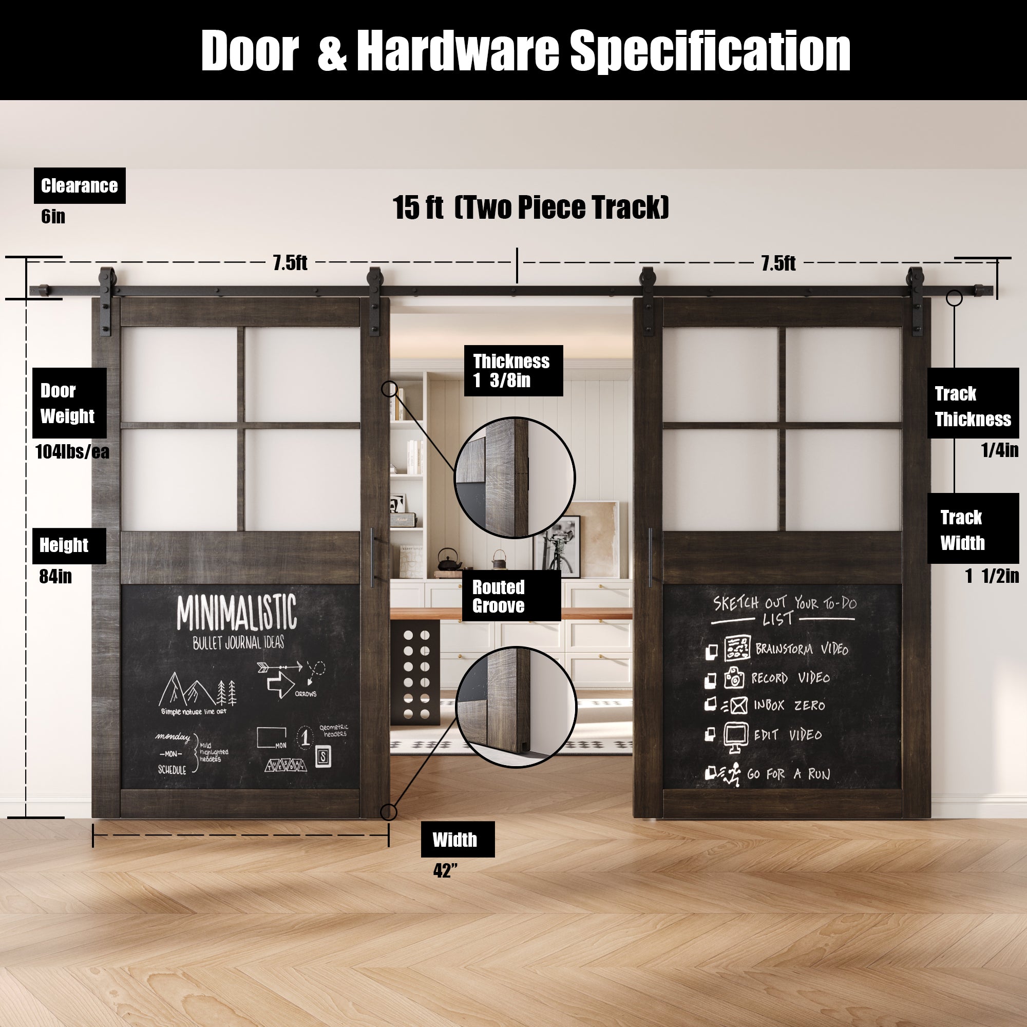 84" Height Ebony Half Lite Chalkboard Double Unassembled & Finished Pine Wood Barn Doors with Non-Bypass Installation Hardware Kit (Interior Use Only)