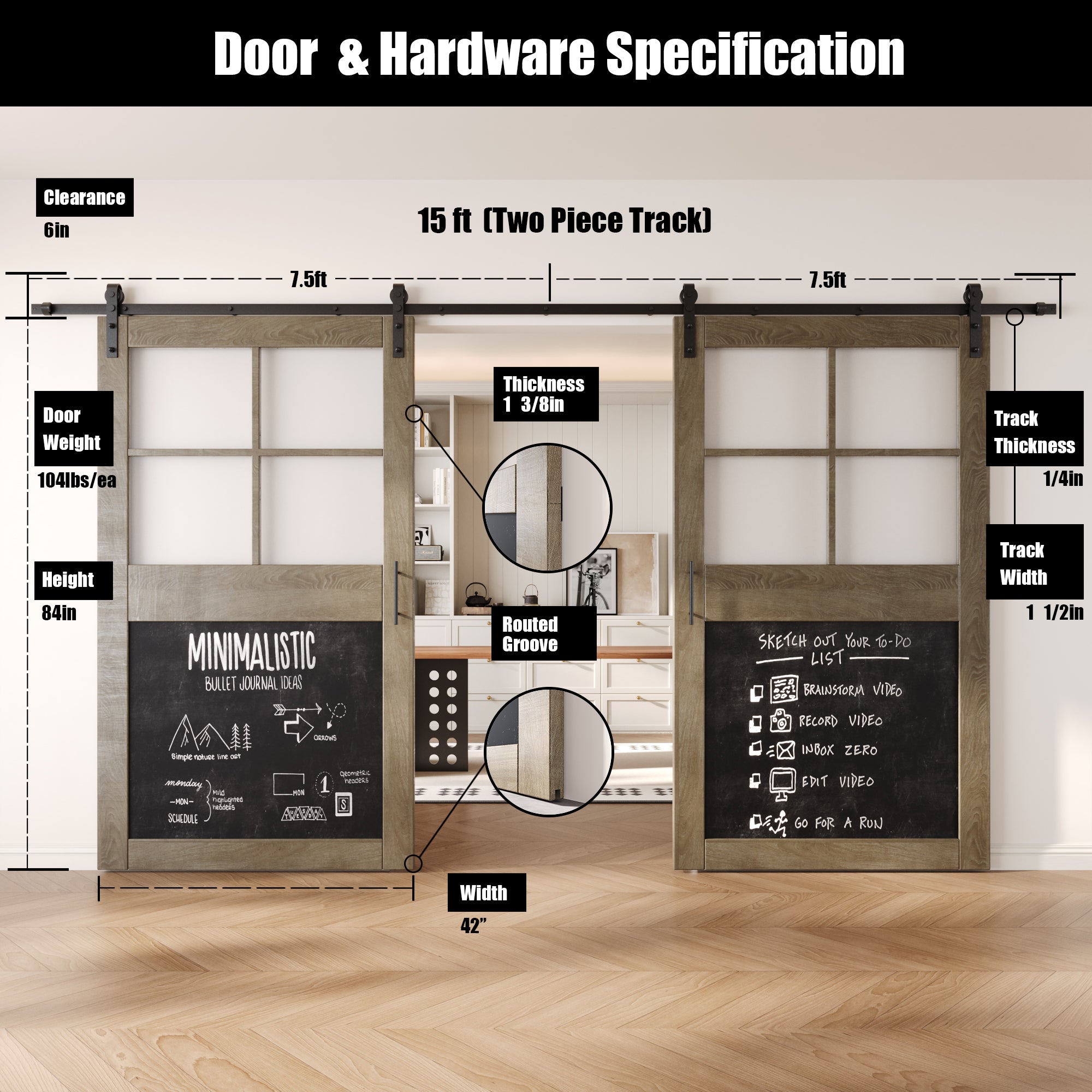 84" Height Classic Gray Half Lite Chalkboard Double Unassembled & Finished Pine Wood Barn Doors with Non-Bypass Installation Hardware Kit (Interior Use Only)