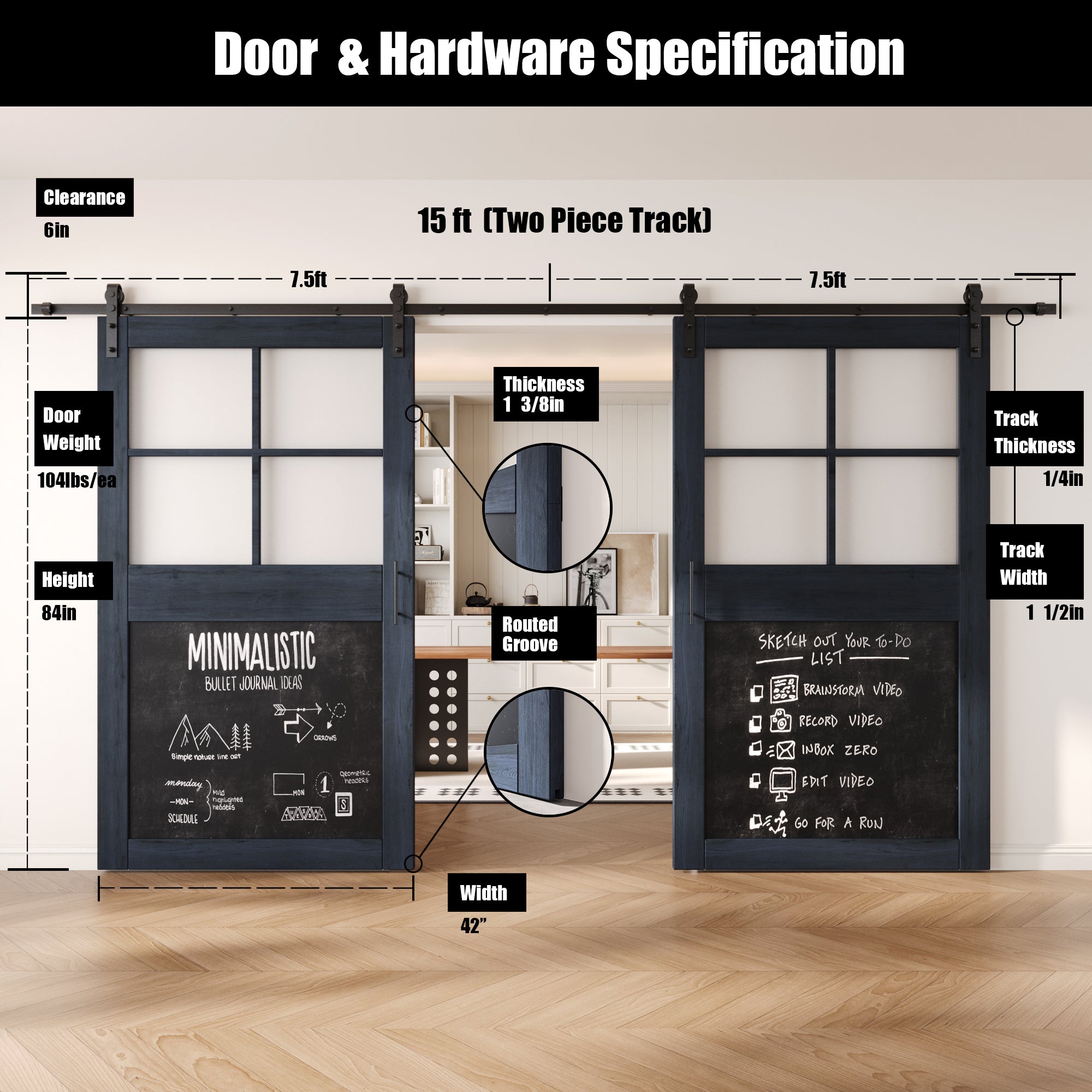 84" Height Navy Half Lite Chalkboard Double Unassembled & Finished Pine Wood Barn Doors with Non-Bypass Installation Hardware Kit (Interior Use Only)