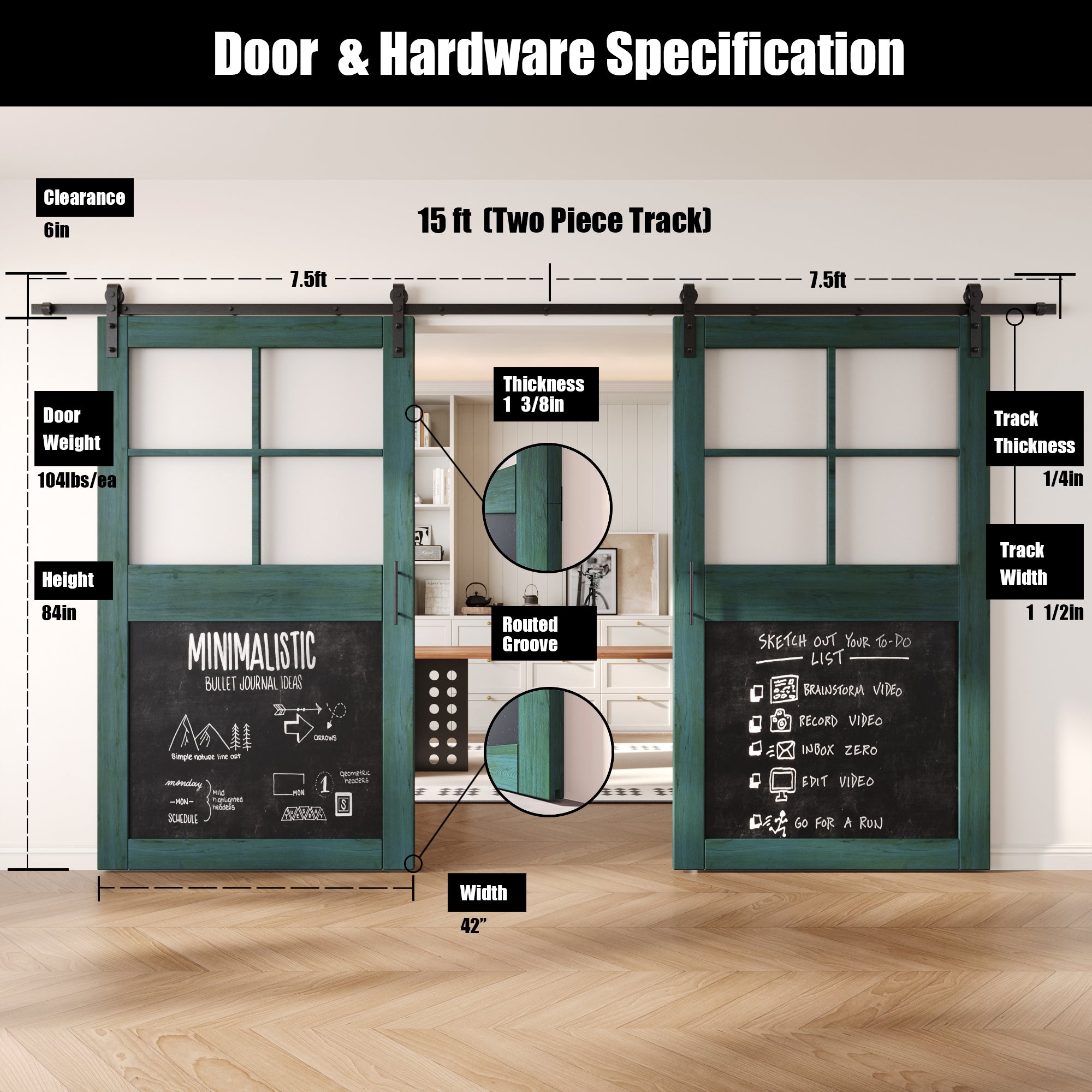 84" Height Royal Pine Half Lite Chalkboard Double Unassembled & Finished Pine Wood Barn Doors with Non-Bypass Installation Hardware Kit (Interior Use Only)