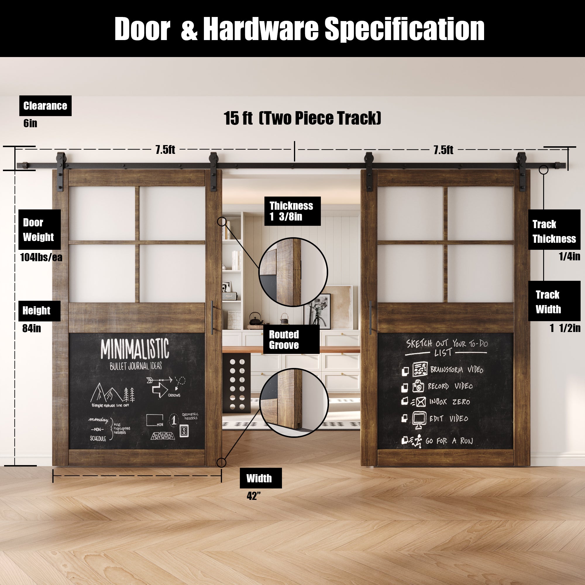 84" Height Dark Walnut Half Lite Chalkboard Double Unassembled & Finished Pine Wood Barn Doors with Non-Bypass Installation Hardware Kit (Interior Use Only)