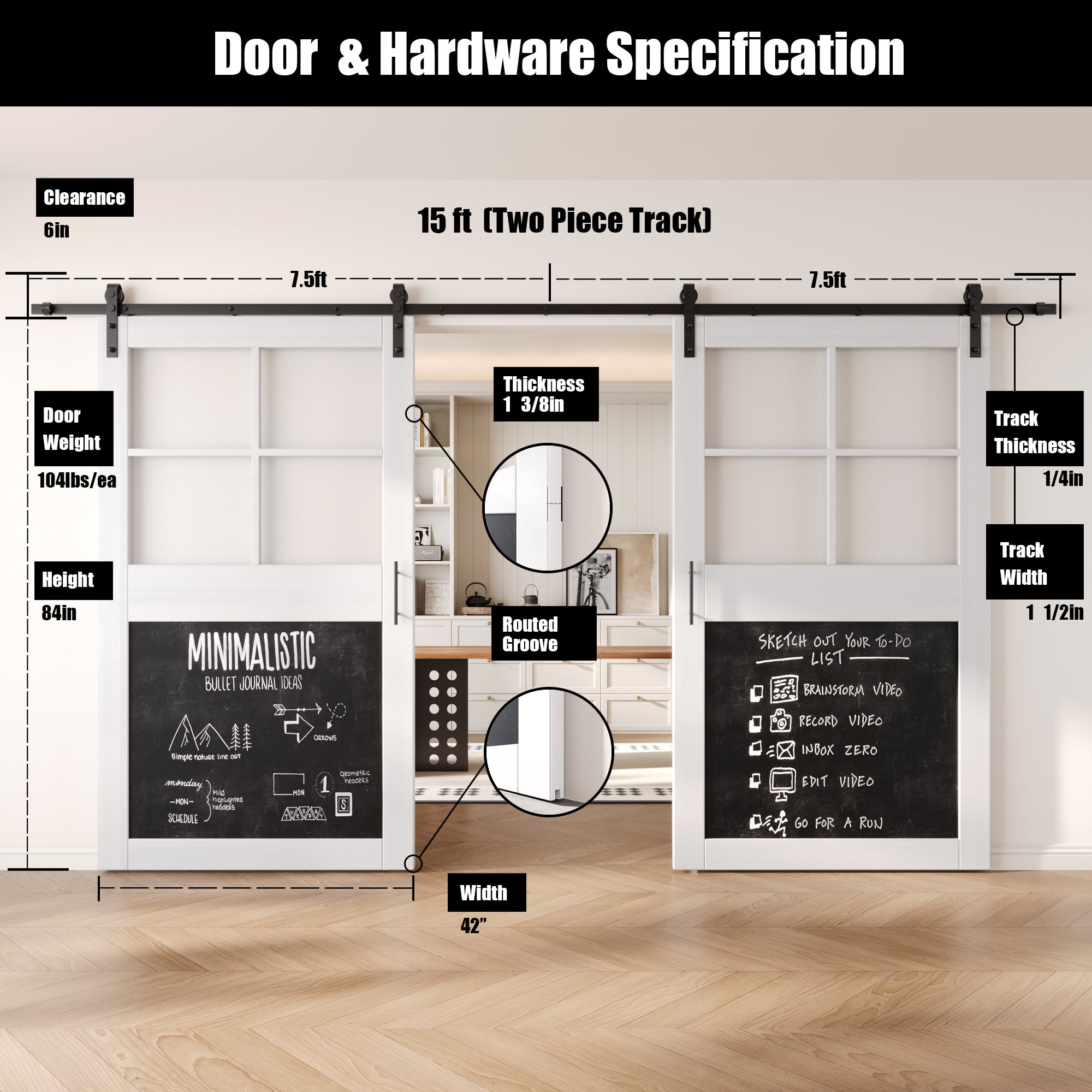 84" Height White Half Lite Chalkboard Double Unassembled & Finished Pine Wood Barn Doors with Non-Bypass Installation Hardware Kit (Interior Use Only)