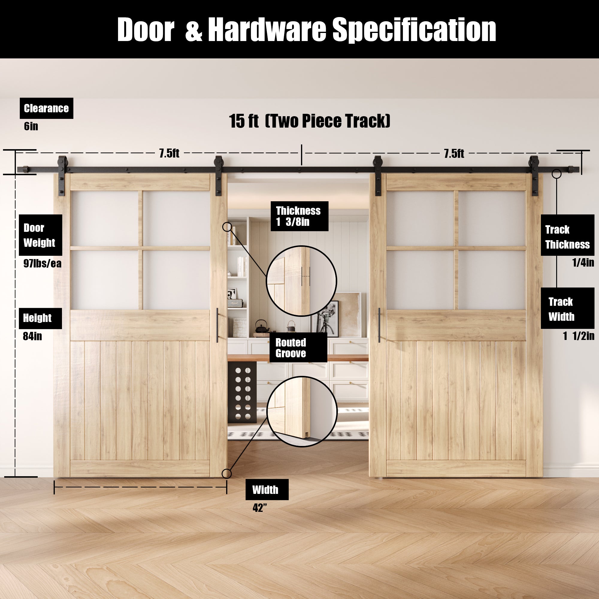 84" Height Half Lite Grid Glass Double Unassembled & Unfinished Pine Wood Barn Doors with Non-Bypass Installation Hardware Kit (Interior Use Only)