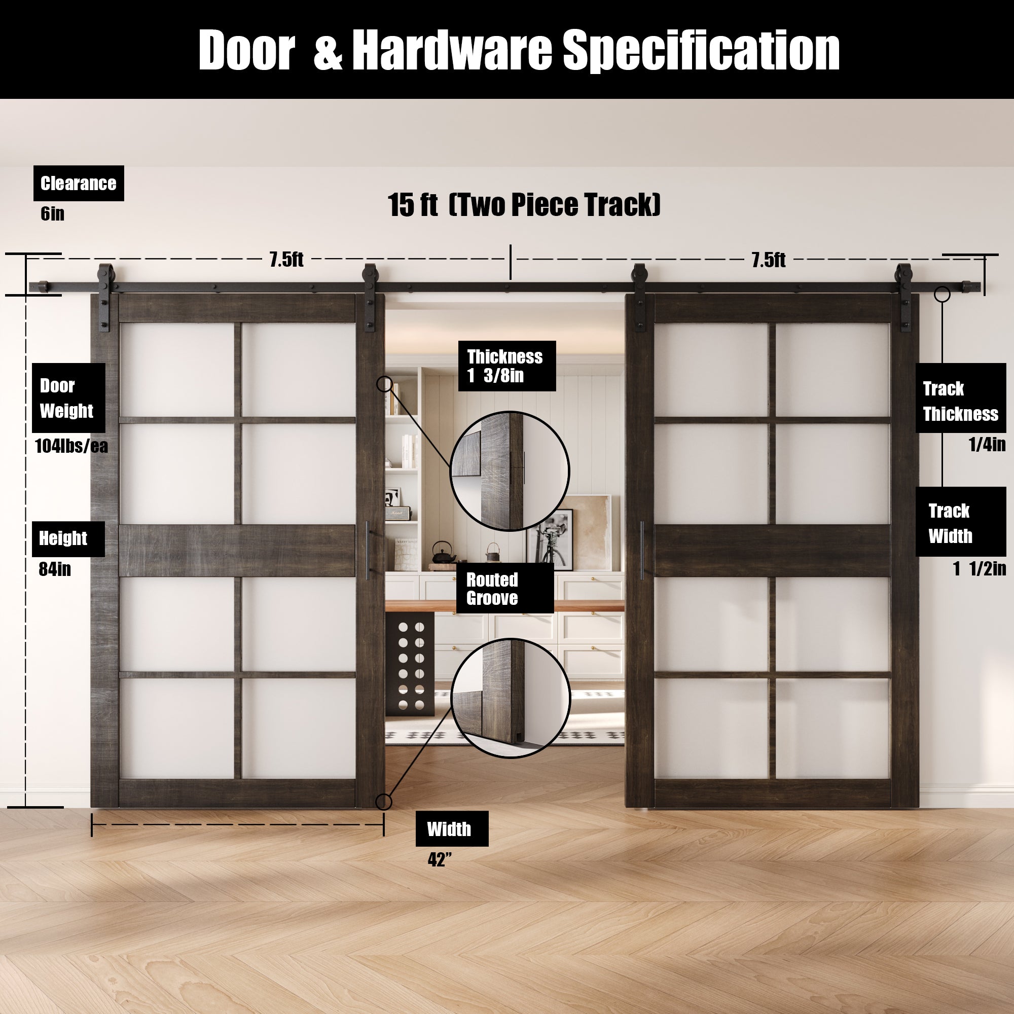 84" Height Ebony 8-Lite Frosted Glass Double Unassembled & Finished Pine Wood Barn Doors with Non-Bypass Installation Hardware Kit (Interior Use Only)
