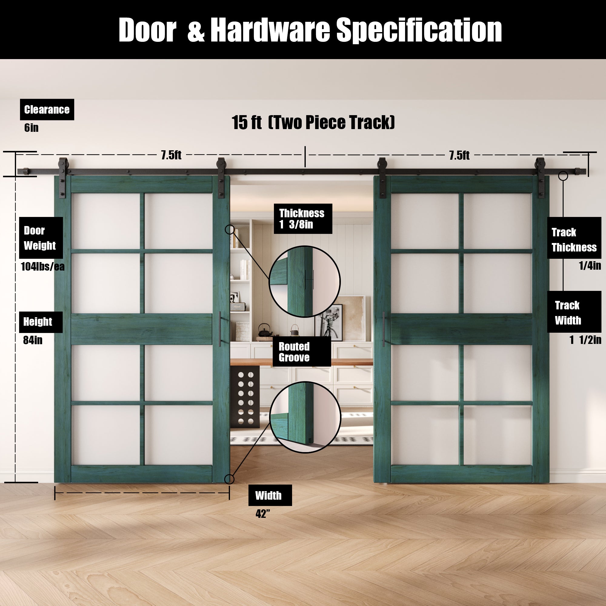 84" Height Royal Pine 8-Lite Frosted Glass Double Unassembled & Finished Pine Wood Barn Doors with Non-Bypass Installation Hardware Kit (Interior Use Only)