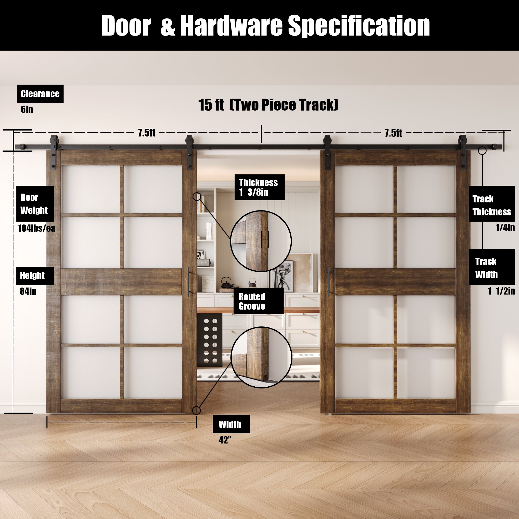 84" Height Dark Walnut 8-Lite Frosted Glass Double Unassembled & Finished Pine Wood Barn Doors with Non-Bypass Installation Hardware Kit (Interior Use Only)