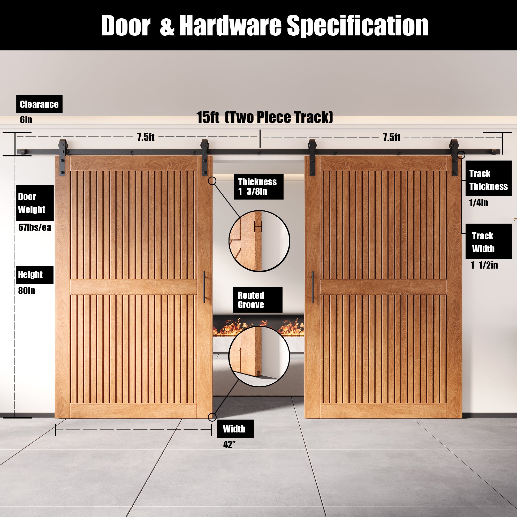 80" Height Early American Vertical Stripe Design Unassembled & Finished Double Pine Wood Barn Door with Non-Bypass Installation Hardware Kit(Interior Use Only)