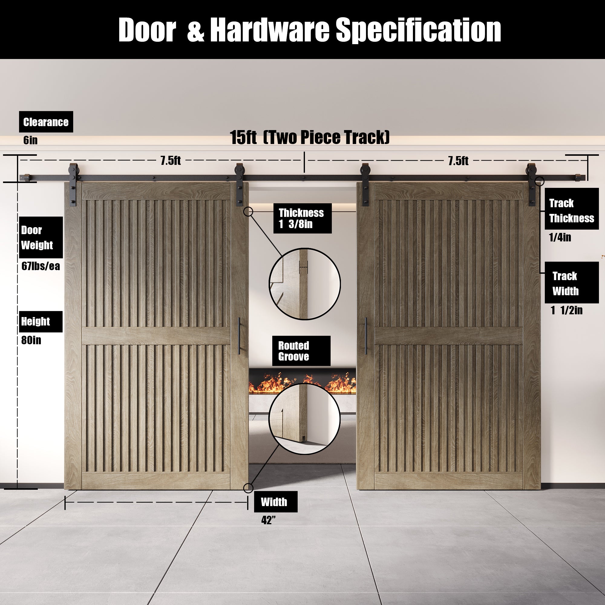 80" Height Classic Gray Vertical Stripe Design Unassembled & Finished Double Pine Wood Barn Door with Non-Bypass Installation Hardware Kit(Interior Use Only)