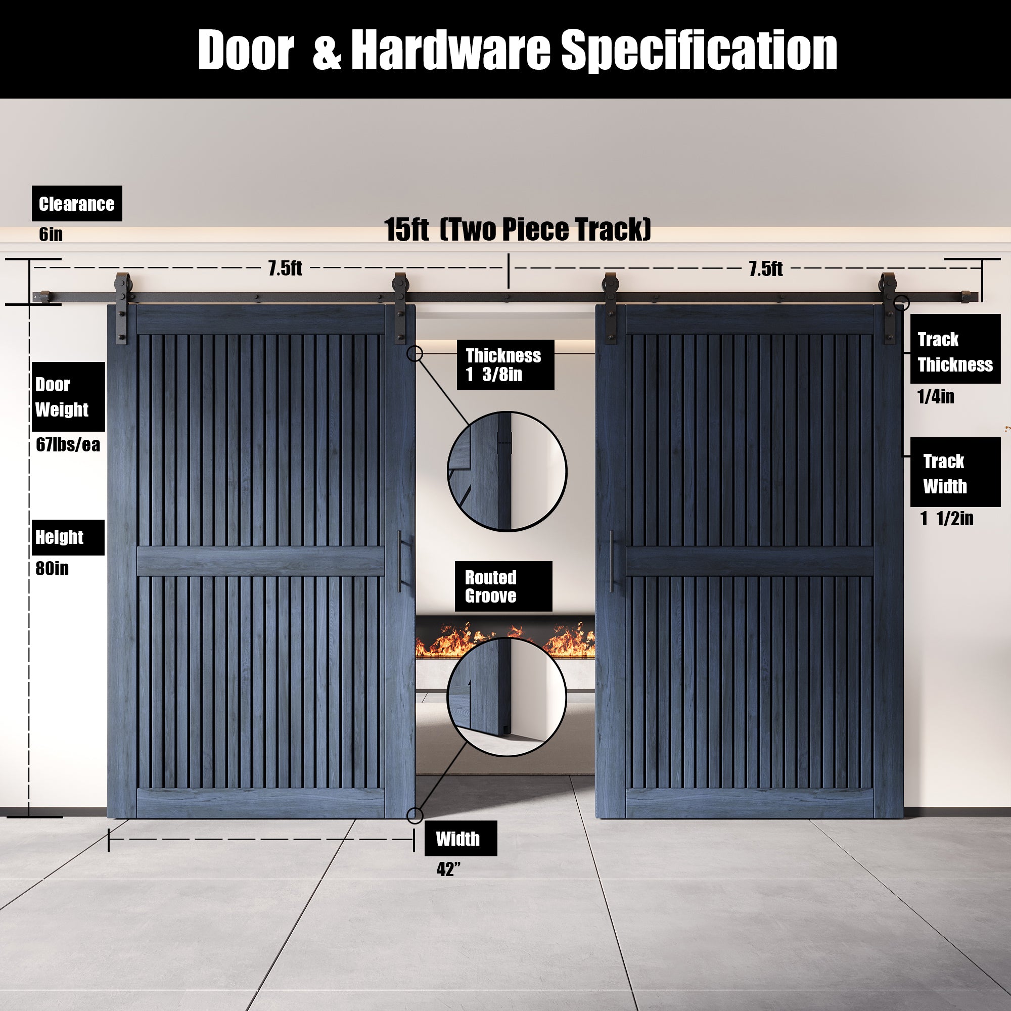 80" Height Navy Vertical Stripe Design Unassembled & Finished Double Pine Wood Barn Door with Non-Bypass Installation Hardware Kit(Interior Use Only)