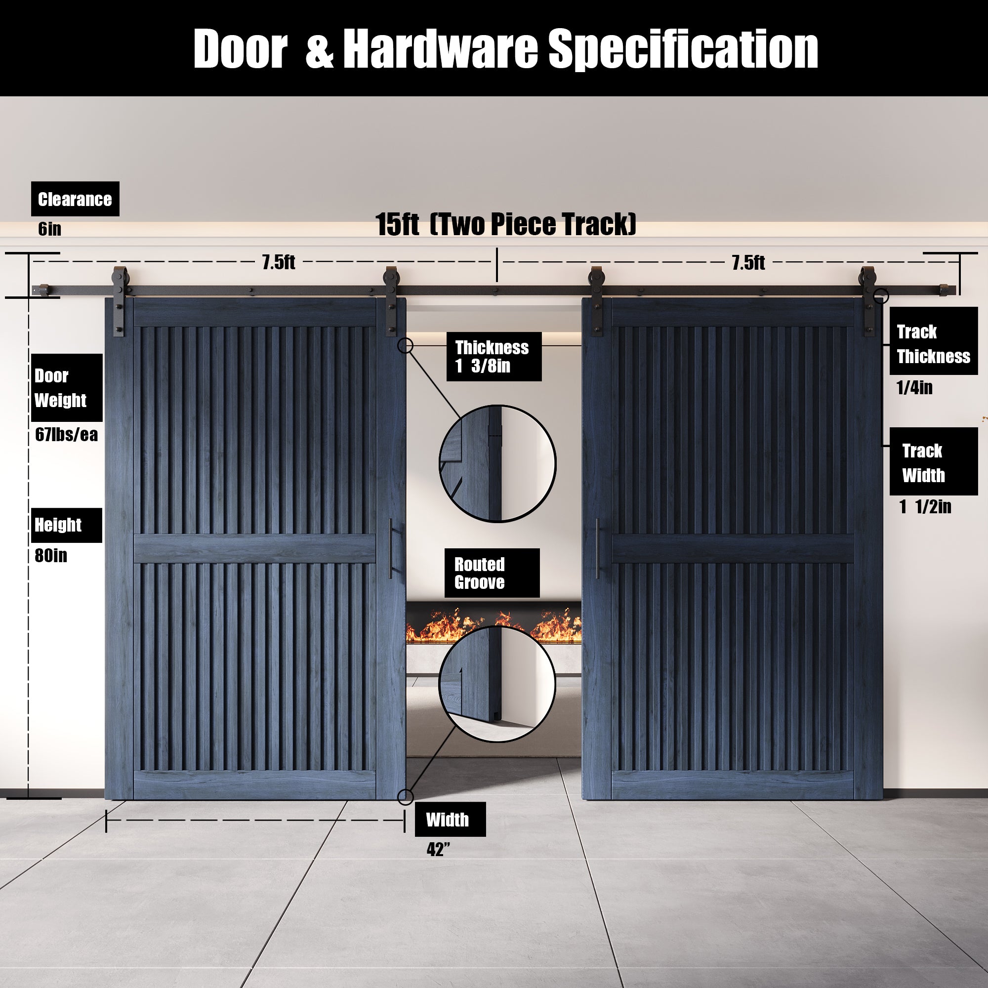 80" Height Navy Vertical Stripe Design Unassembled & Finished Double Pine Wood Barn Door with Non-Bypass Installation Hardware Kit(Interior Use Only)