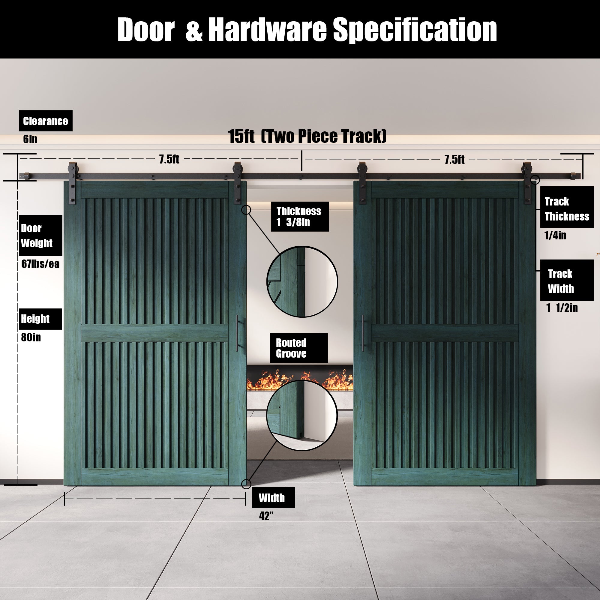 80" Height Royal Pine Vertical Stripe Design Unassembled & Finished Double Pine Wood Barn Door with Non-Bypass Installation Hardware Kit(Interior Use Only)