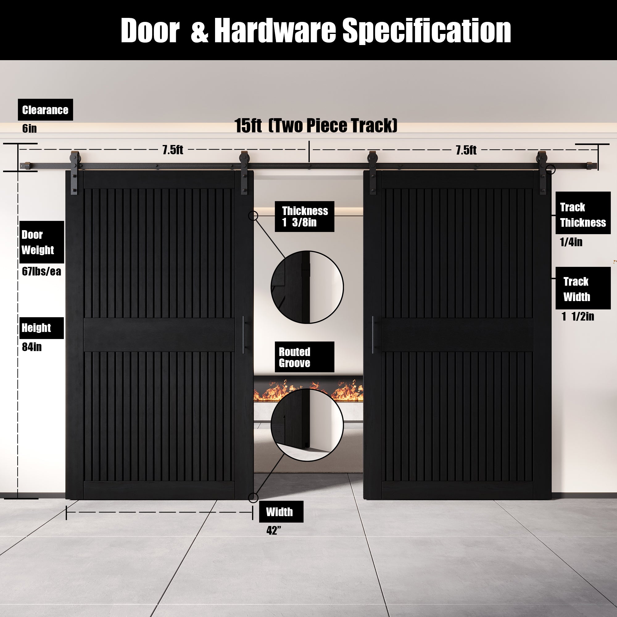 84" Height Black Vertical Stripe Design Unassembled & Finished Double Pine Wood Barn Door with Non-Bypass Installation Hardware Kit(Interior Use Only)