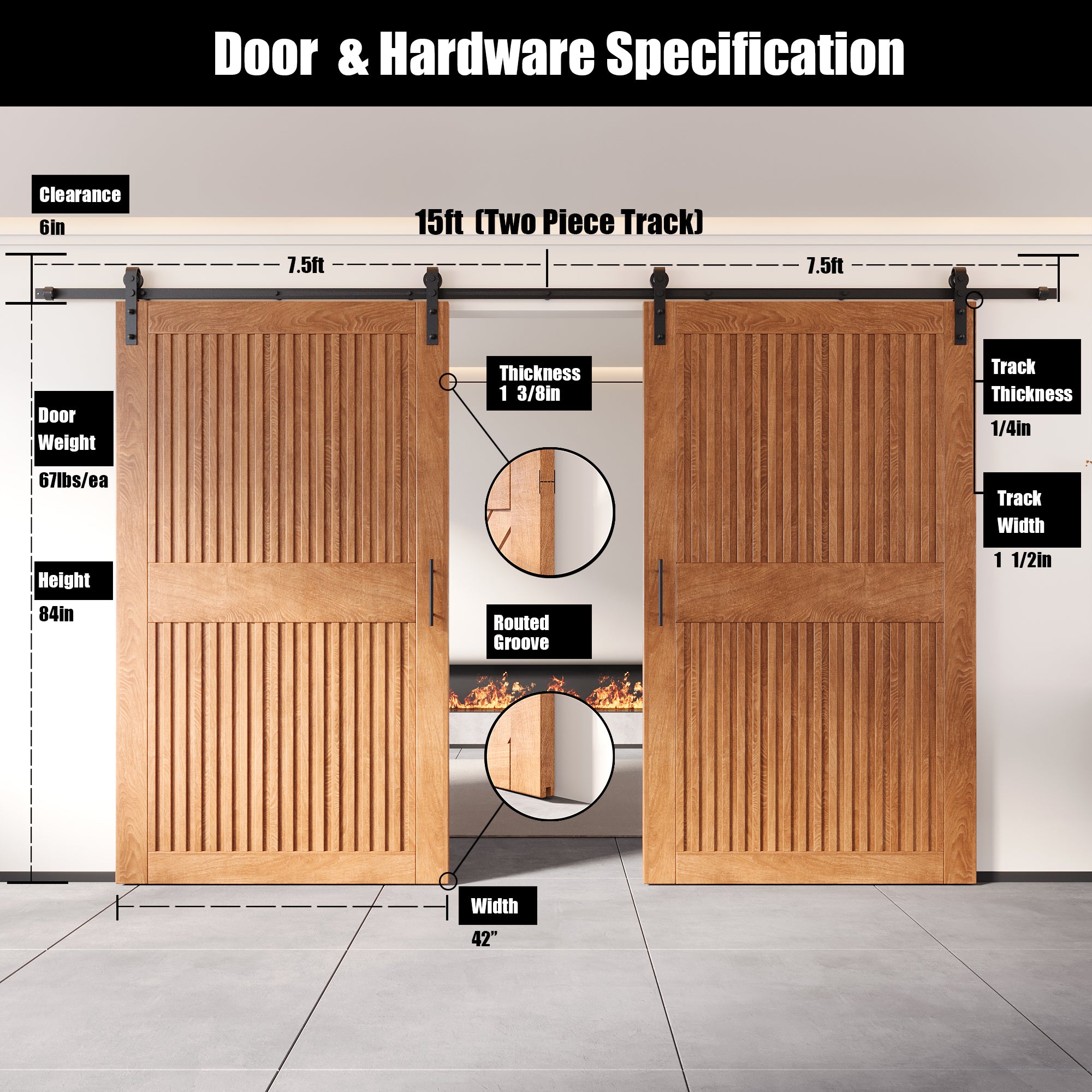 84" Height Early American Vertical Stripe Design Unassembled & Finished Double Pine Wood Barn Door with Non-Bypass Installation Hardware Kit(Interior Use Only)