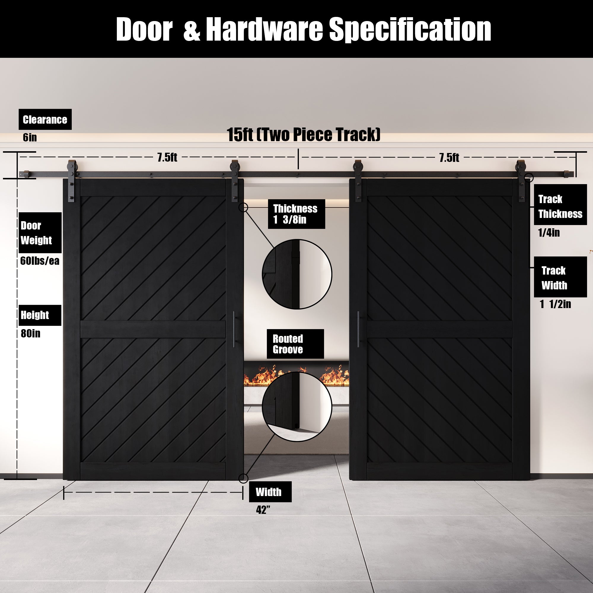 Slanted stripe design black double barn door, 80 inches