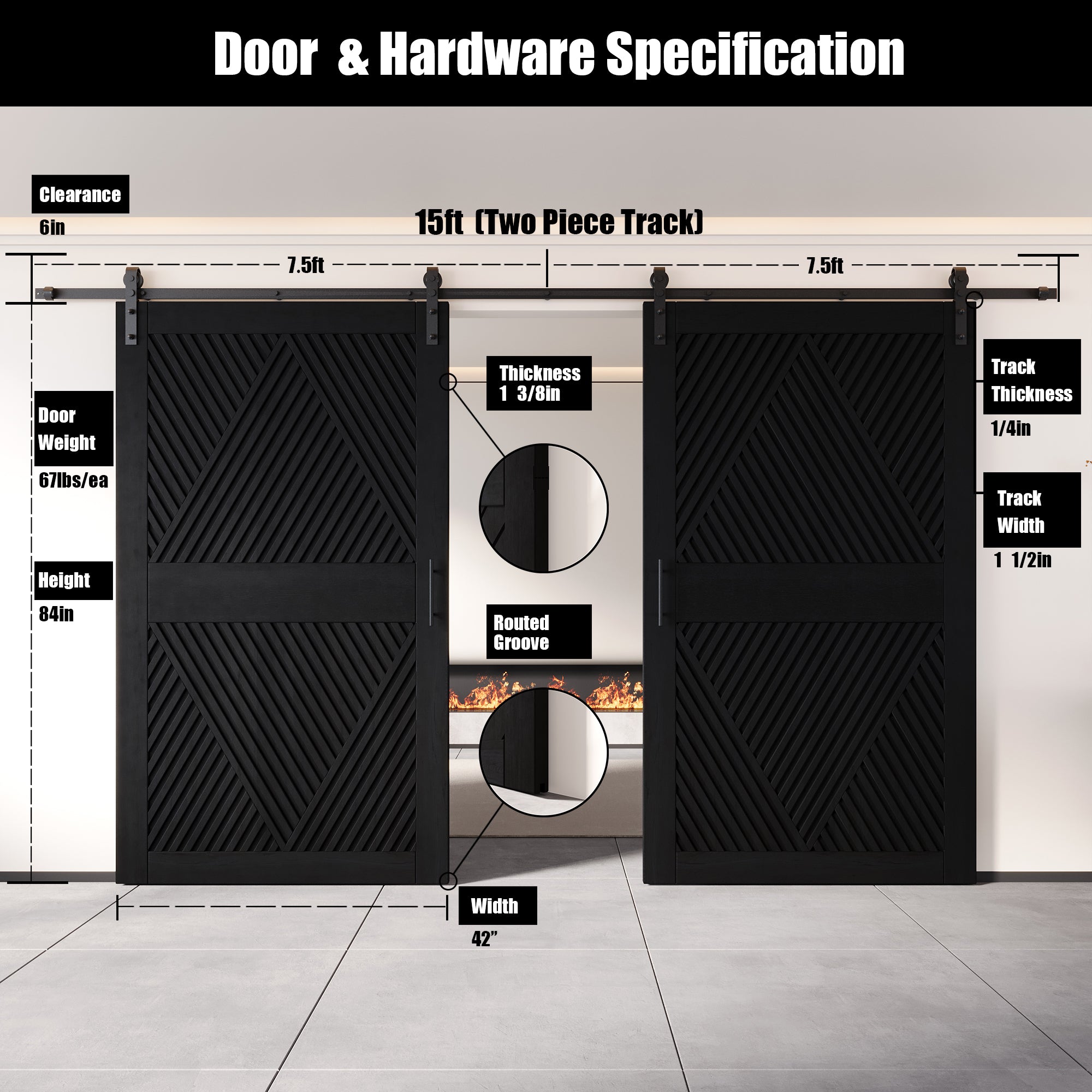 84" Height Black Diamond Design Unassembled & Finished Double Pine Wood Barn Door with Non-Bypass Installation Hardware Kit(Interior Use Only)