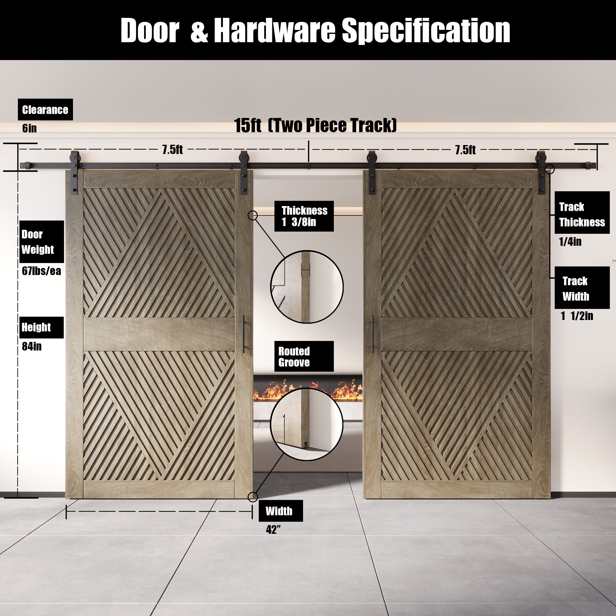 84" Height Classic Gray Diamond Design Unassembled & Finished Double Pine Wood Barn Door with Non-Bypass Installation Hardware Kit(Interior Use Only)