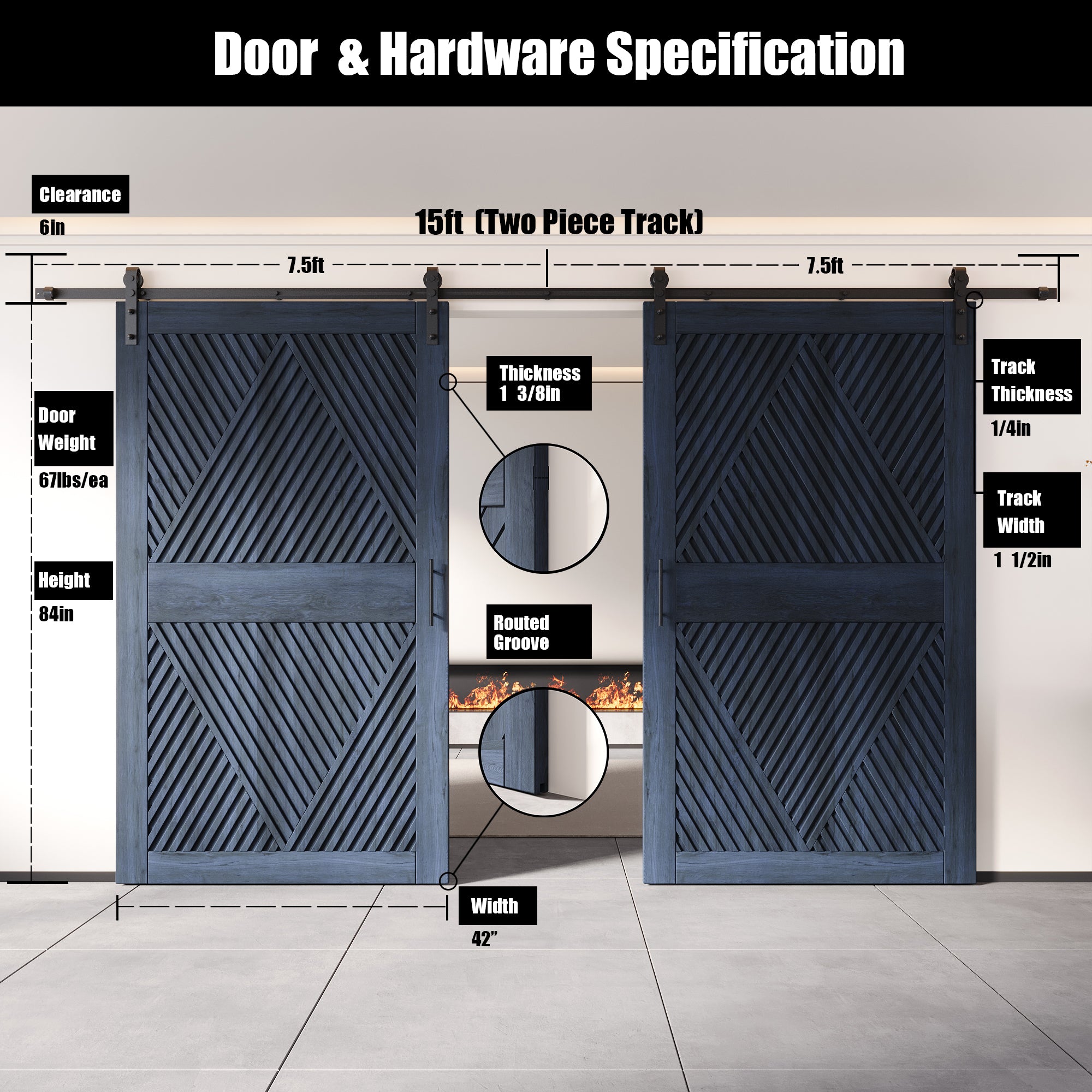 84" Height Navy Diamond Design Unassembled & Finished Double Pine Wood Barn Door with Non-Bypass Installation Hardware Kit(Interior Use Only)