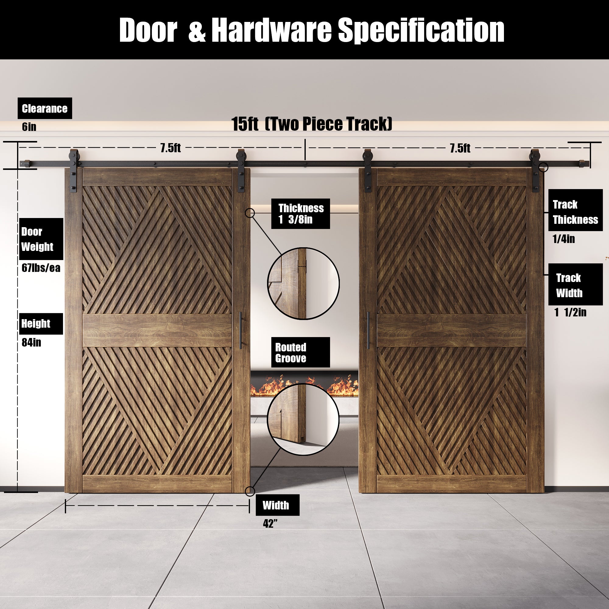 84" Height Dark Walnut Diamond Design Unassembled & Finished Double Pine Wood Barn Door with Non-Bypass Installation Hardware Kit(Interior Use Only)