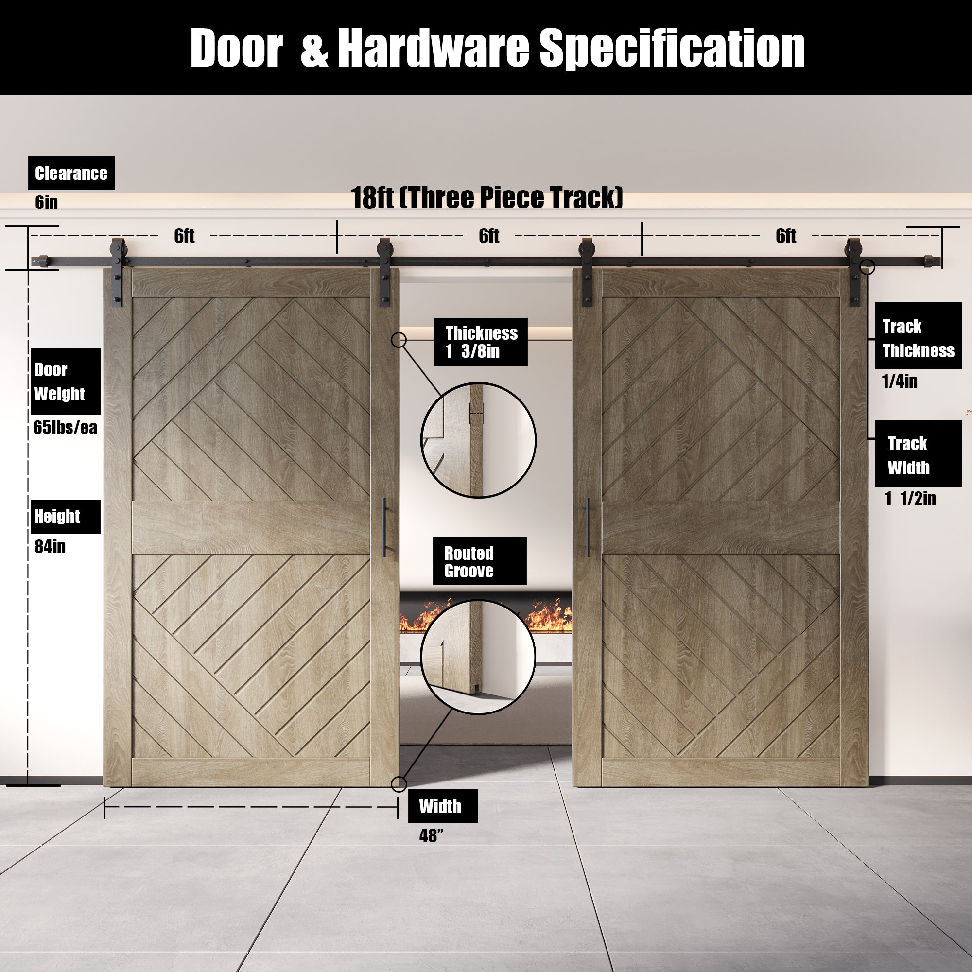 84" Height Classic Gray Geometric Design Unassembled & Finished Double Pine Wood Barn Door with Non-Bypass Installation Hardware Kit(Interior Use Only)