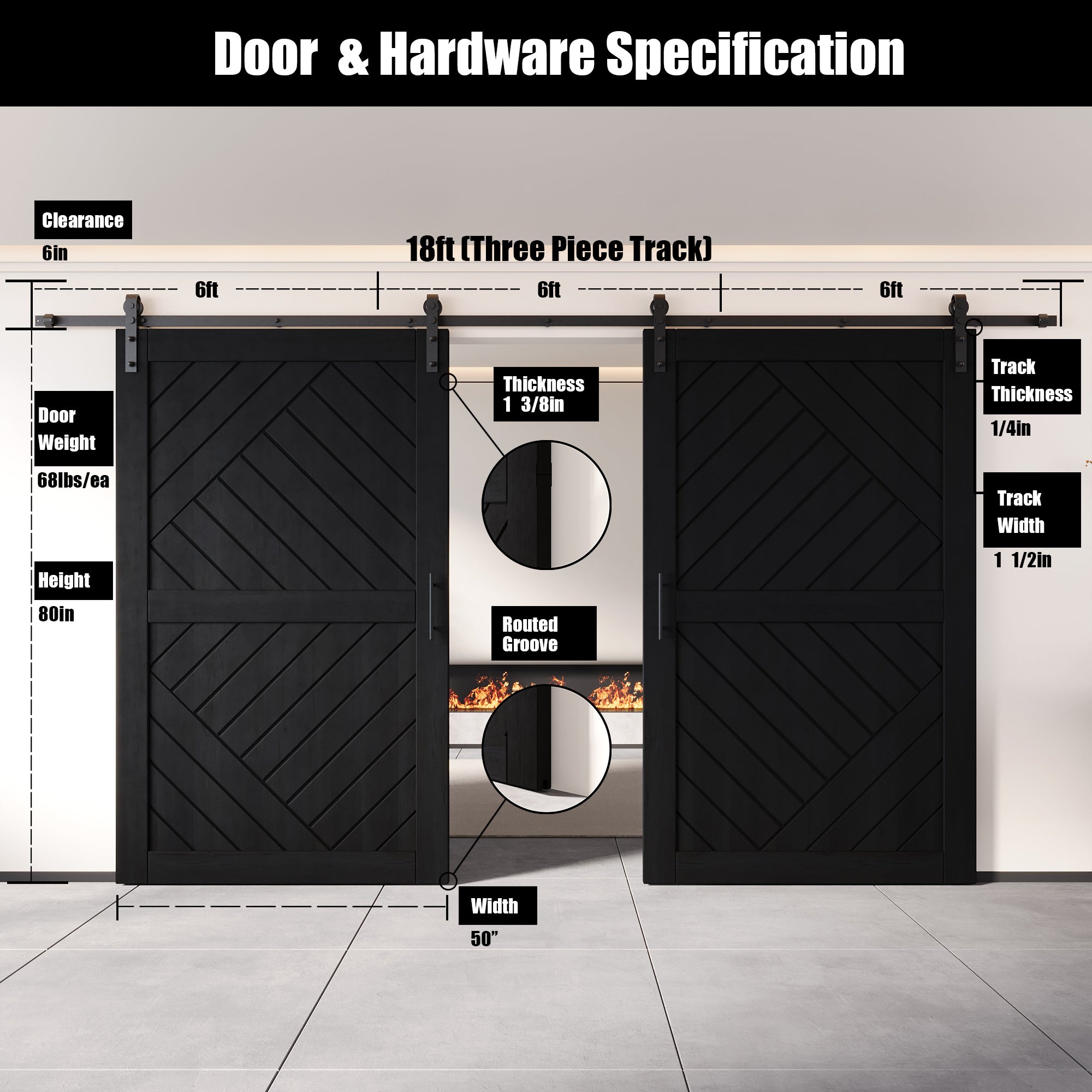 50x80 modern black barn door, unconventional, sliding barn door hardware