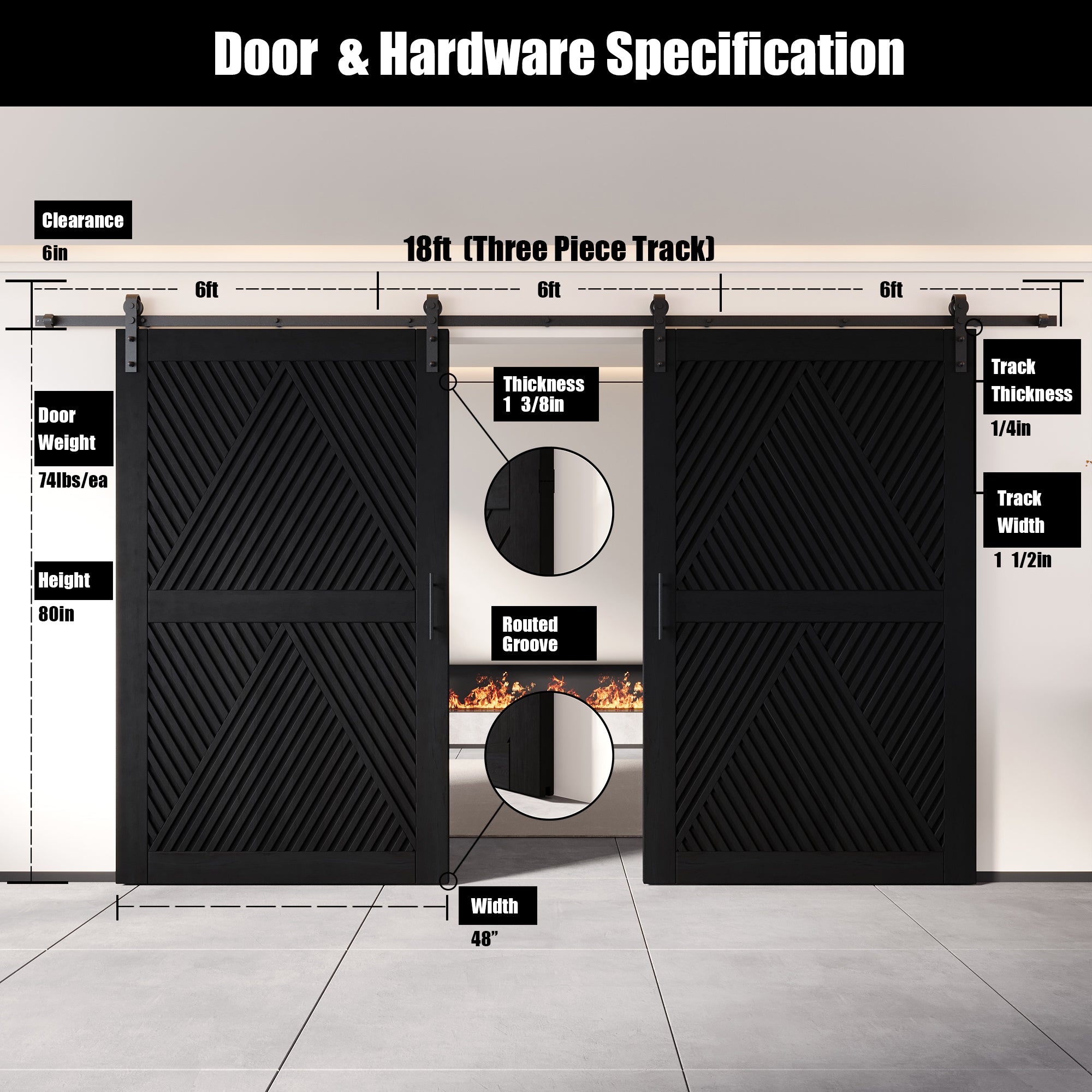 80" Height Black Diamond Design Unassembled & Finished Double Pine Wood Barn Door with Non-Bypass Installation Hardware Kit(Interior Use Only)