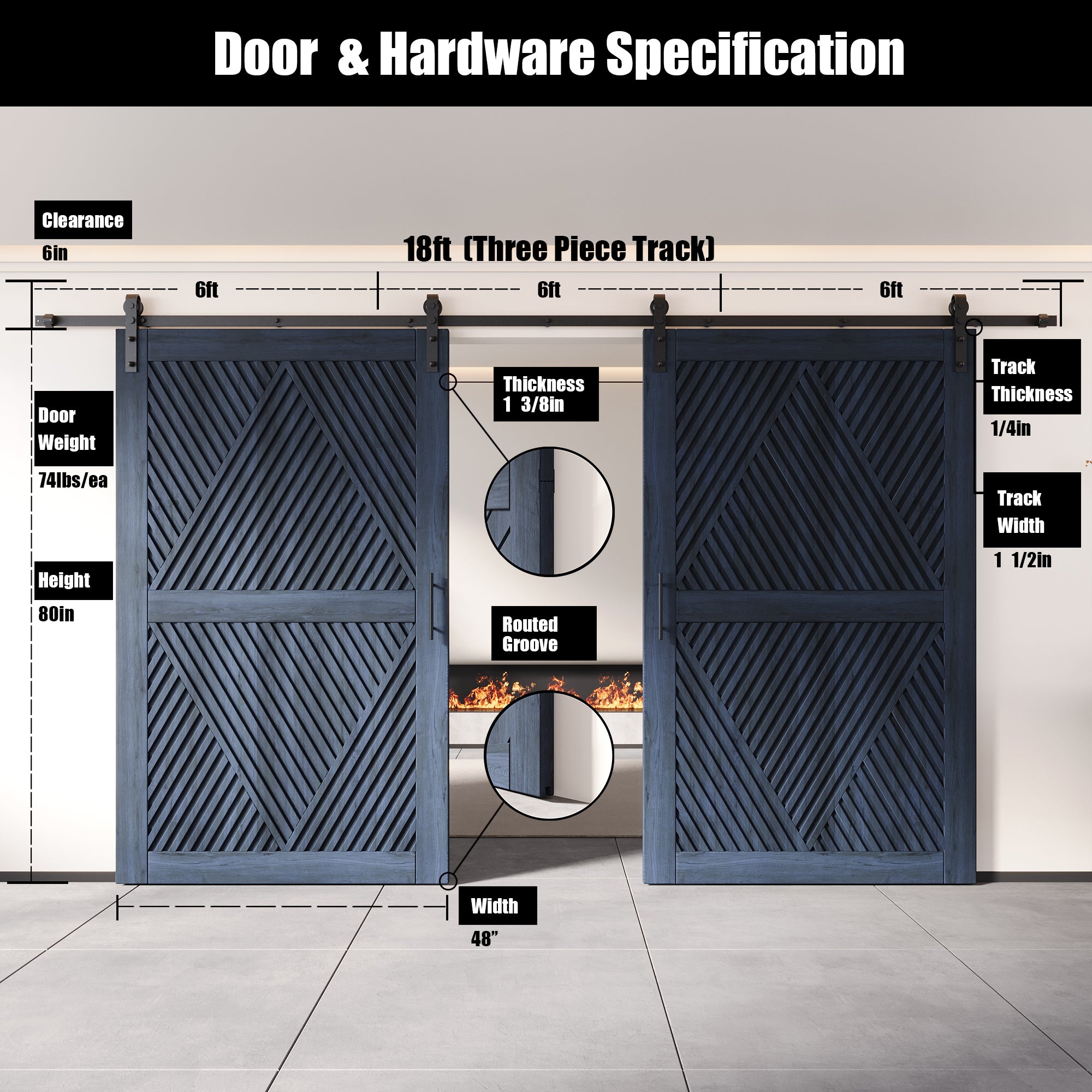 80" Height Navy Diamond Design Unassembled & Finished Double Pine Wood Barn Door with Non-Bypass Installation Hardware Kit(Interior Use Only)