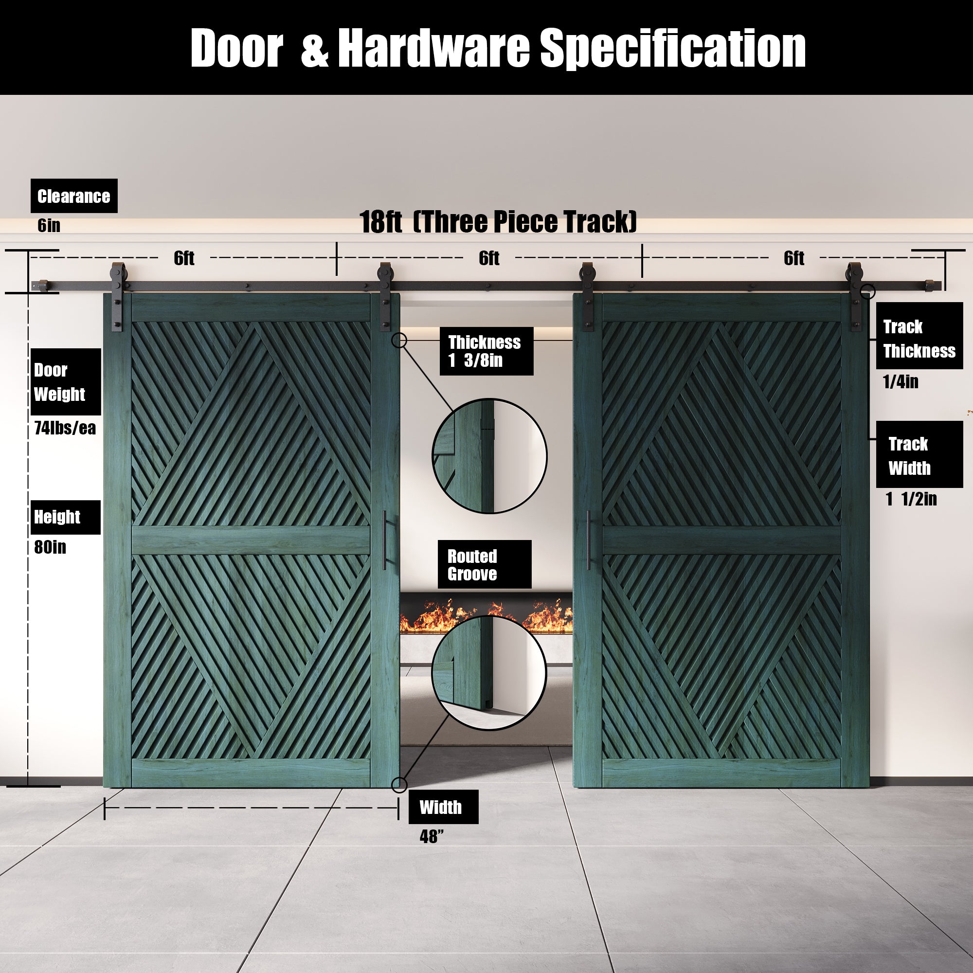 80" Height Royal Pine Diamond Design Unassembled & Finished Double Pine Wood Barn Door with Non-Bypass Installation Hardware Kit(Interior Use Only)