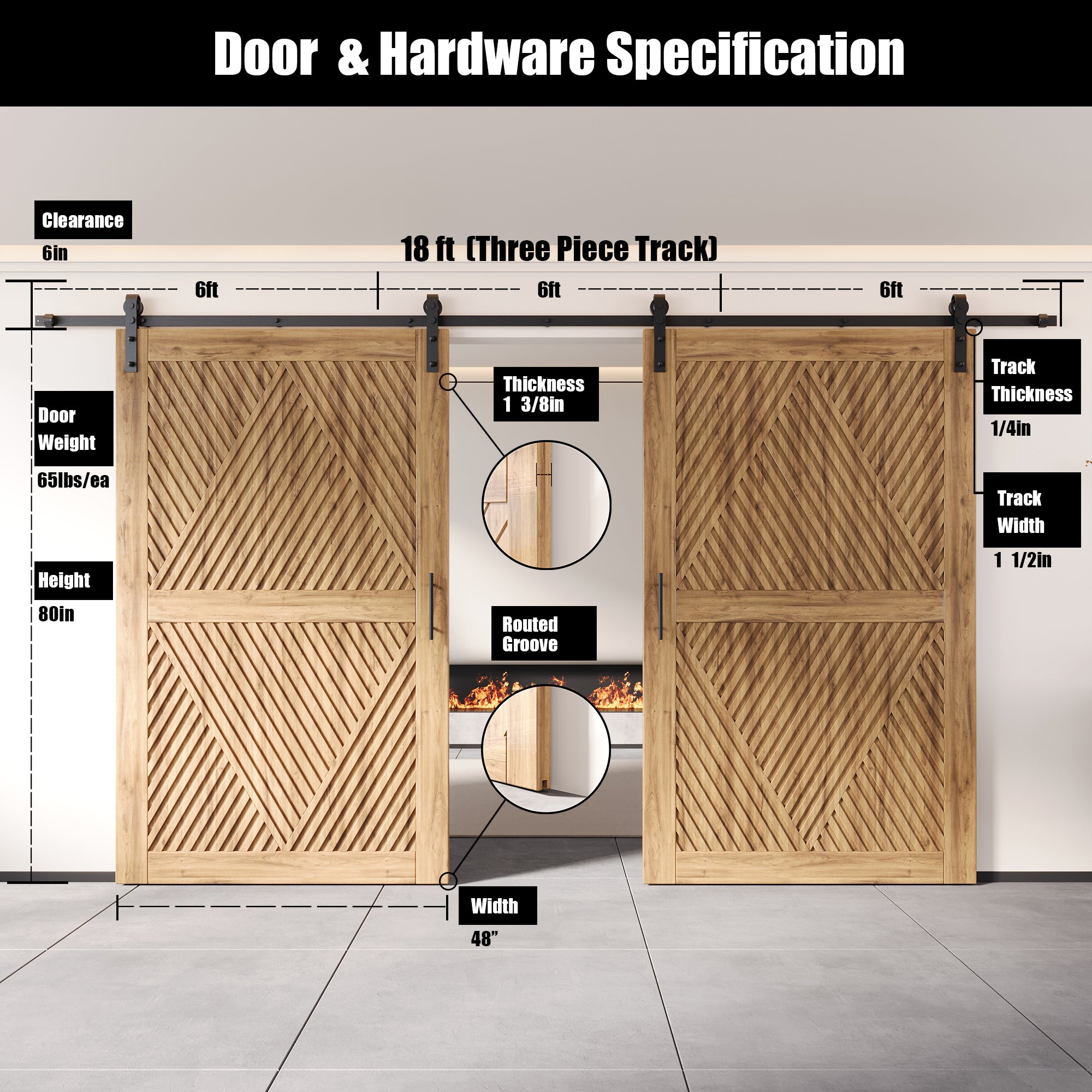 80" Height Diamond Design Unassembled & Unfinished Double Pine Wood Barn Door with Non-Bypass Installation Hardware Kit(Interior Use Only)