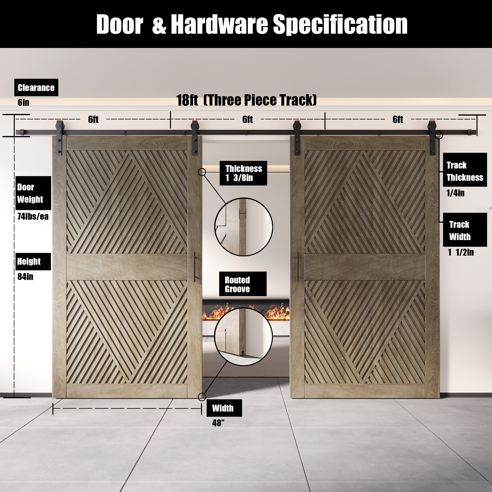84" Height Classic Gray Diamond Design Unassembled & Finished Double Pine Wood Barn Door with Non-Bypass Installation Hardware Kit(Interior Use Only)