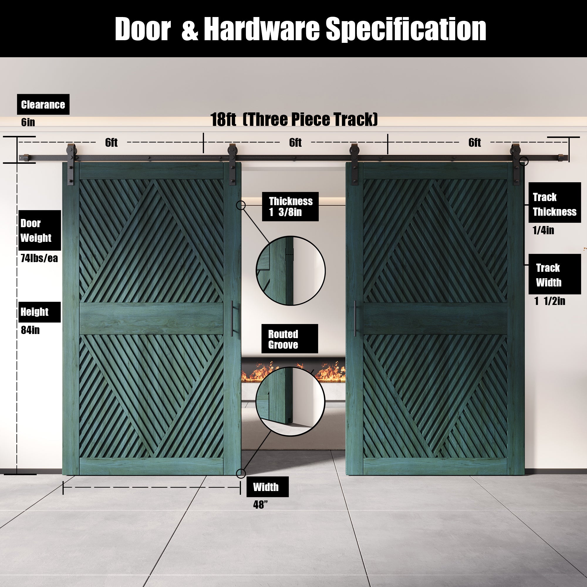 84" Height Royal Pine Diamond Design Unassembled & Finished Double Pine Wood Barn Door with Non-Bypass Installation Hardware Kit(Interior Use Only)