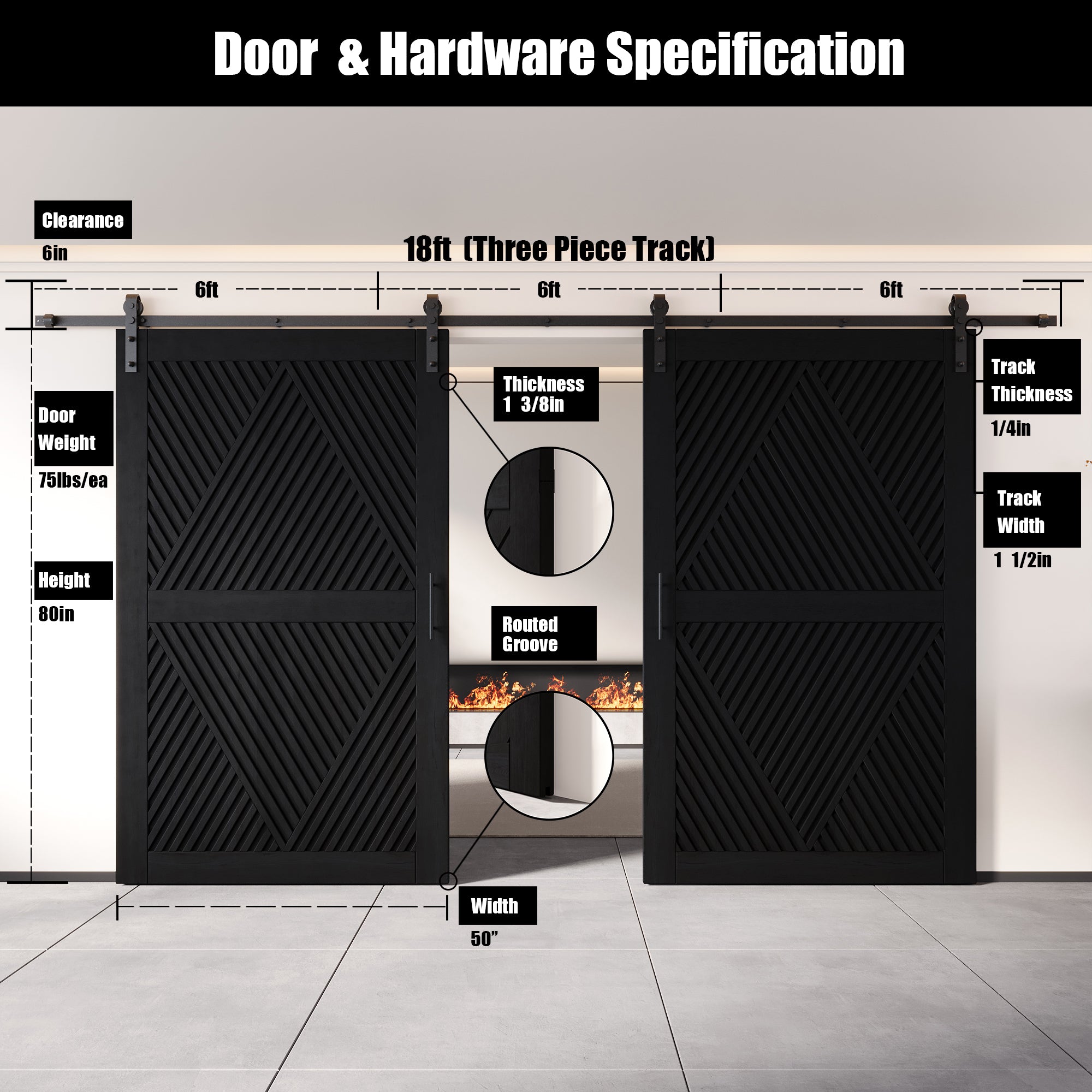80" Height Black Diamond Design Unassembled & Finished Double Pine Wood Barn Door with Non-Bypass Installation Hardware Kit(Interior Use Only)