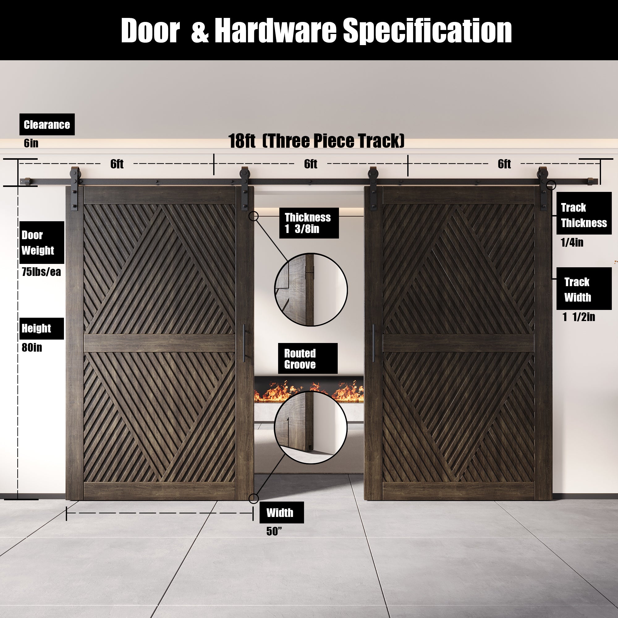 80" Height Ebony Diamond Design Unassembled & Finished Double Pine Wood Barn Door with Non-Bypass Installation Hardware Kit(Interior Use Only)