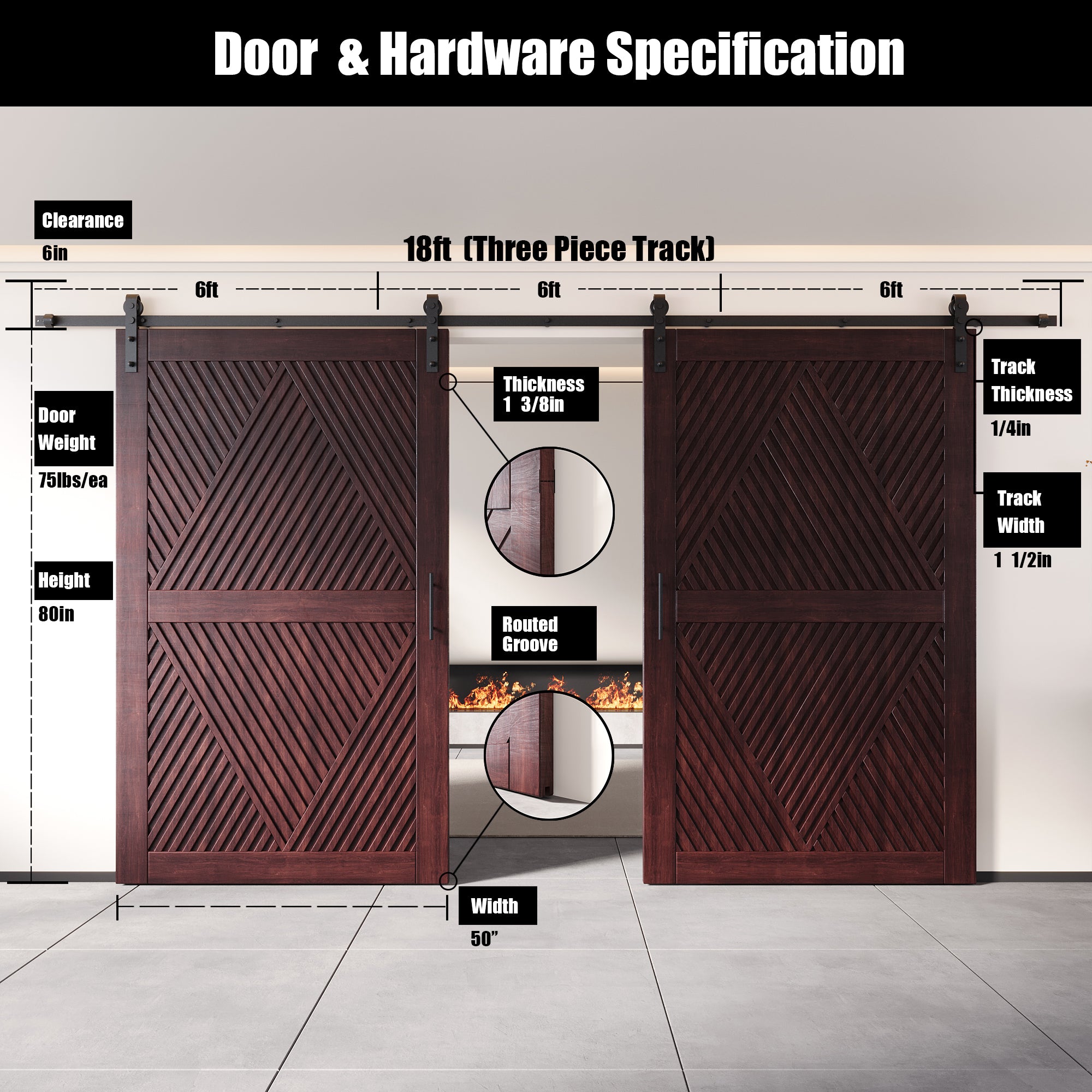 80" Height Red Mahogany Diamond Design Unassembled & Finished Double Pine Wood Barn Door with Non-Bypass Installation Hardware Kit(Interior Use Only)
