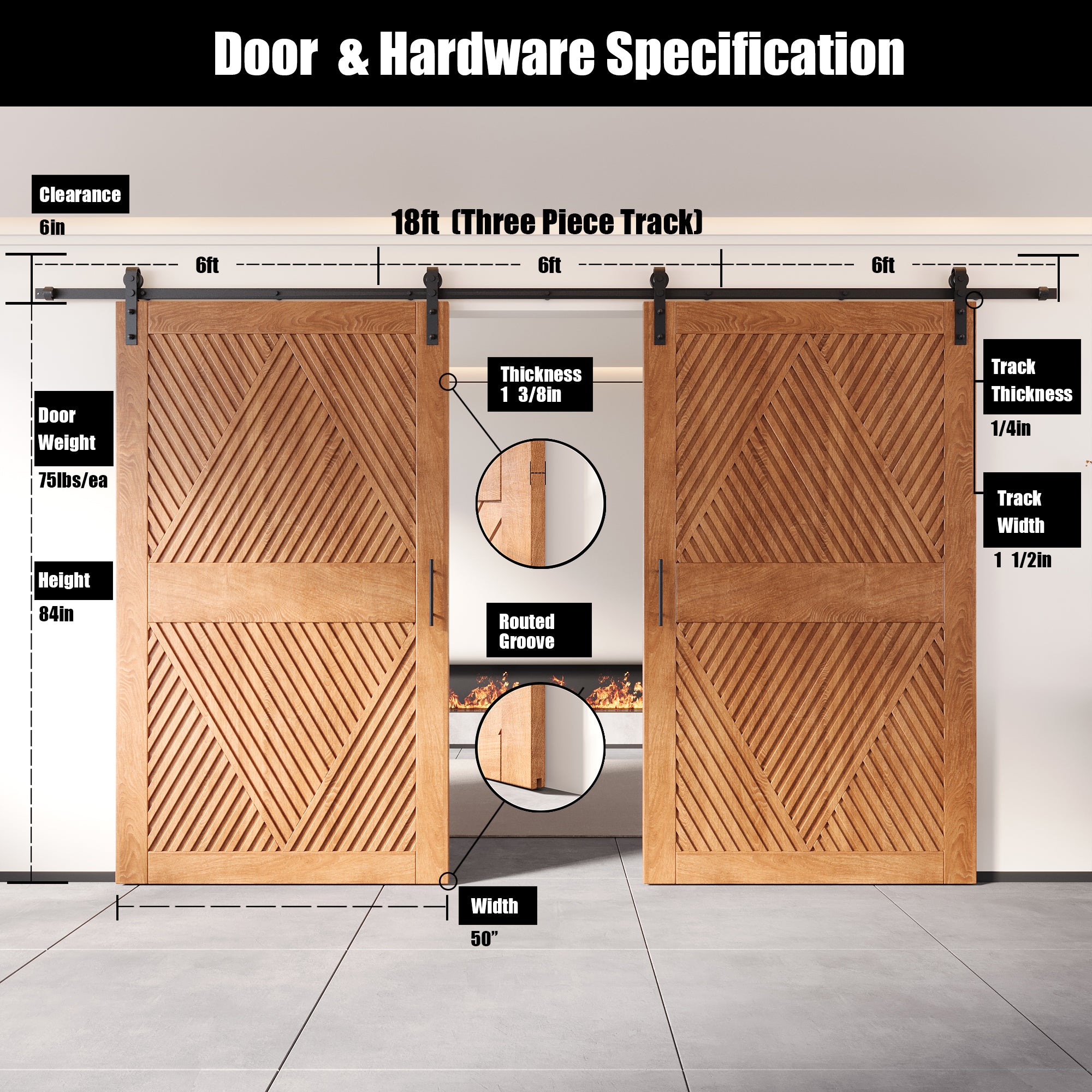 84" Height Early American Diamond Design Unassembled & Finished Double Pine Wood Barn Door with Non-Bypass Installation Hardware Kit(Interior Use Only)