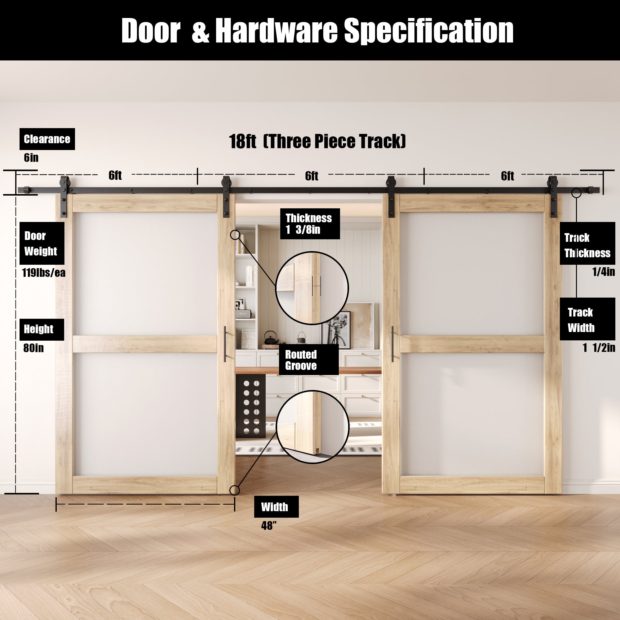 80" Height 2-Lite Frosted Glass Double Unassembled & Unfinished Pine Wood Barn Doors with Non-Bypass Installation Hardware Kit (Interior Use Only)