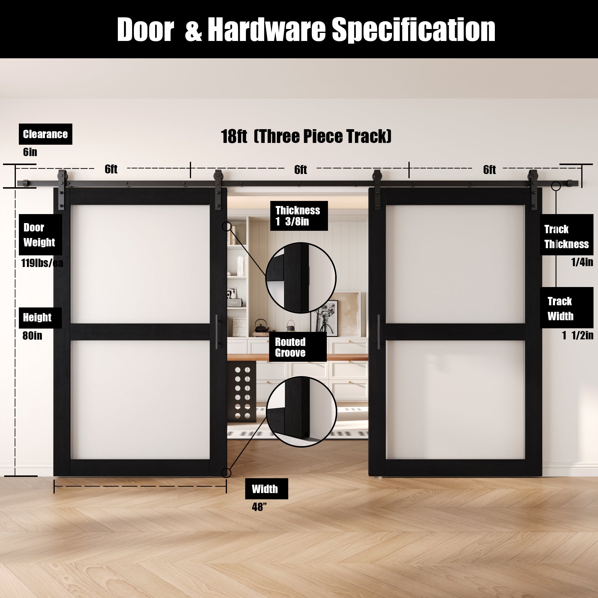 80" Height Black 2-Lite Frosted Glass Double Unassembled & Finished Pine Wood Barn Doors with Non-Bypass Installation Hardware Kit (Interior Use Only)