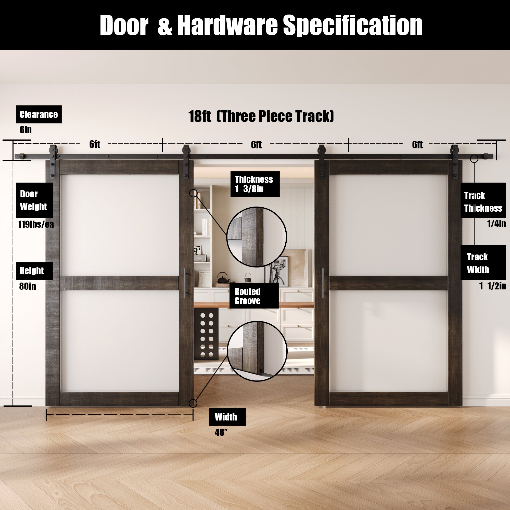 80" Height Ebony 2-Lite Frosted Glass Double Unassembled & Finished Pine Wood Barn Doors with Non-Bypass Installation Hardware Kit (Interior Use Only)